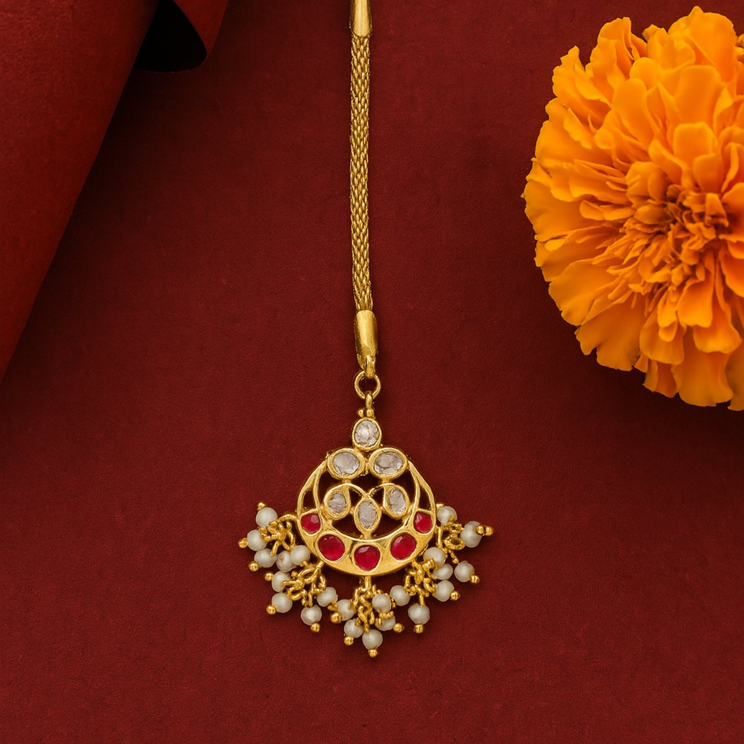 Estele Gold Plated CZ Gorgeous Designer Maang Tikka with Pearls for Women
