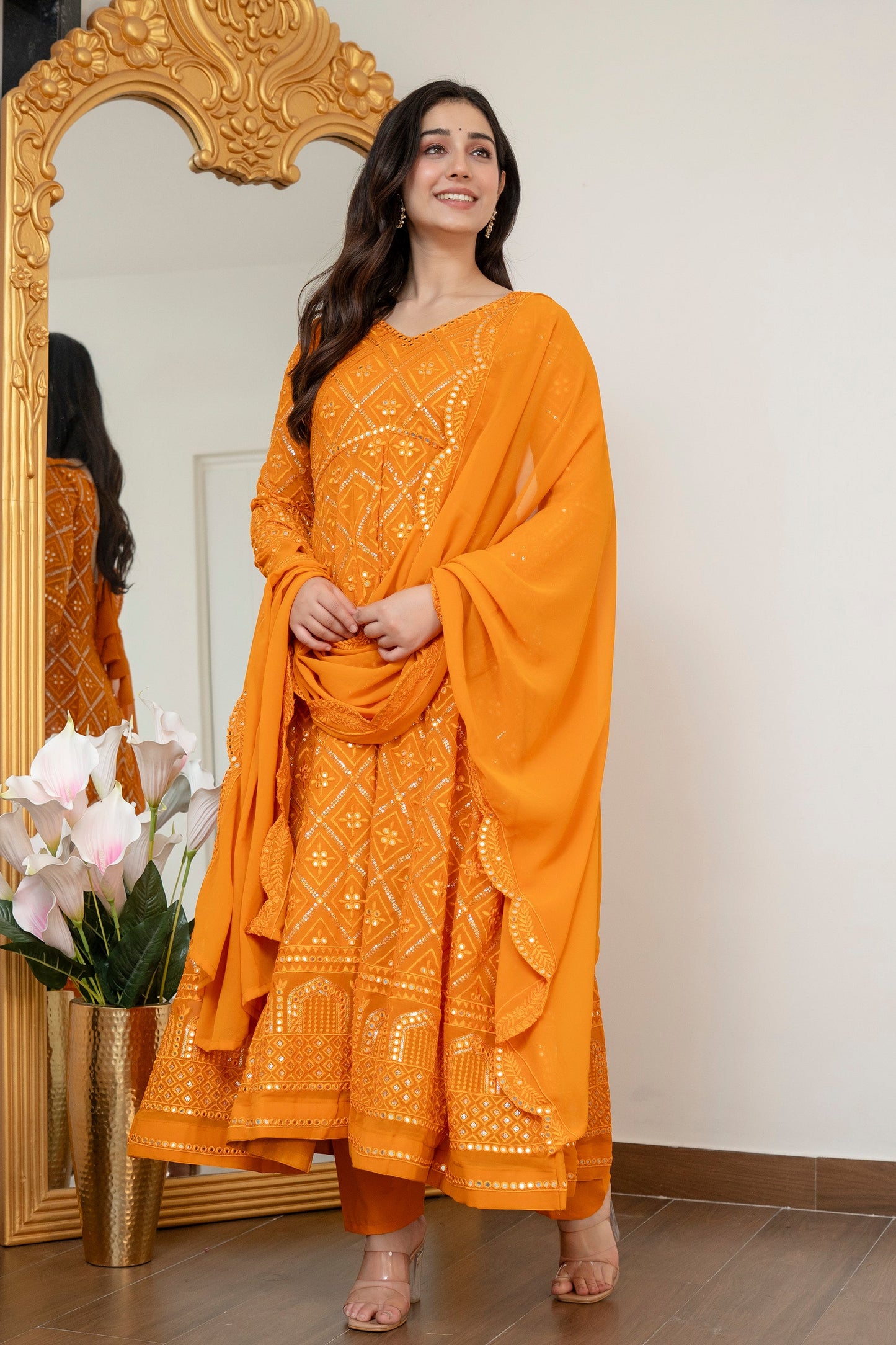 Yash Enterprise Yellow Blooming Silk Party Wear Embroidery Suit Set