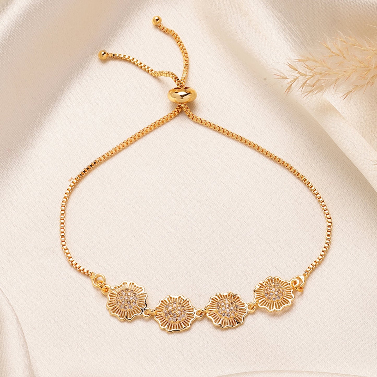 Premium Gold Plated American Diamond Four-Leaf Clover Bracelet – Minimal Lightweight party Wear