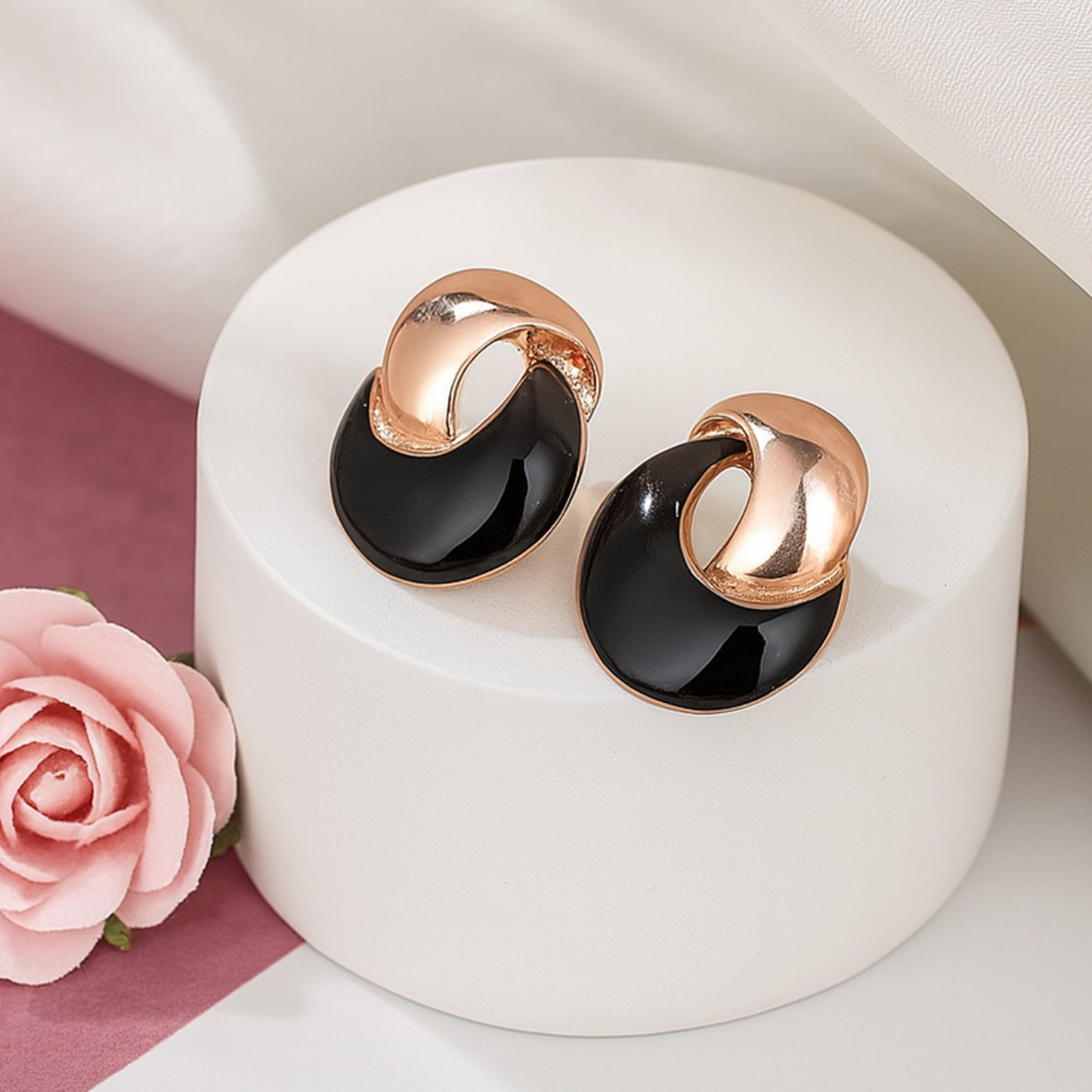 Estele Fancy designer gold plated with black enamel stud earrings for women