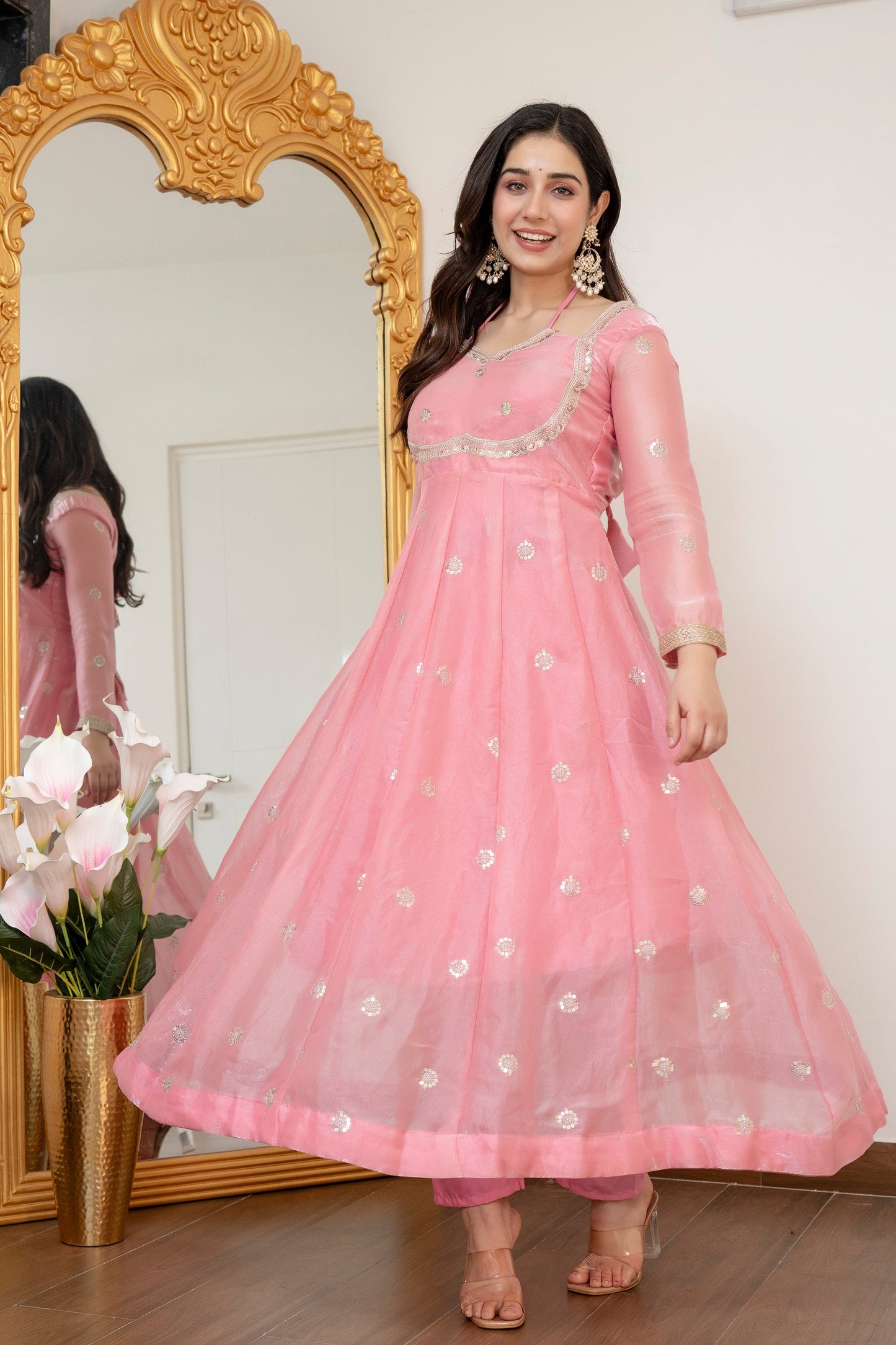 Yash Enterprise Peach Fandy Silk Party Wear Embroidery Suit Set