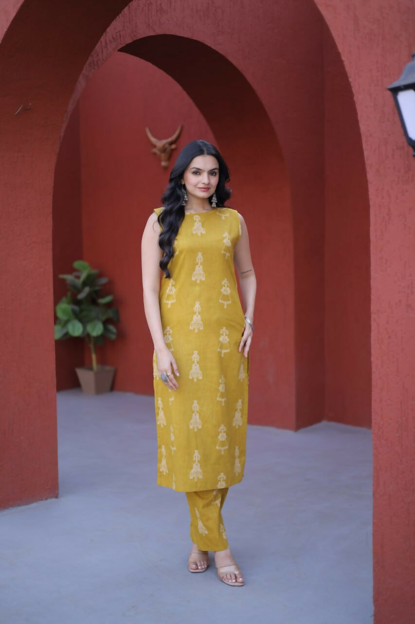 Teeya Creation Womens New Trendy Summer War Printed Cotton Gown Set-Yellow