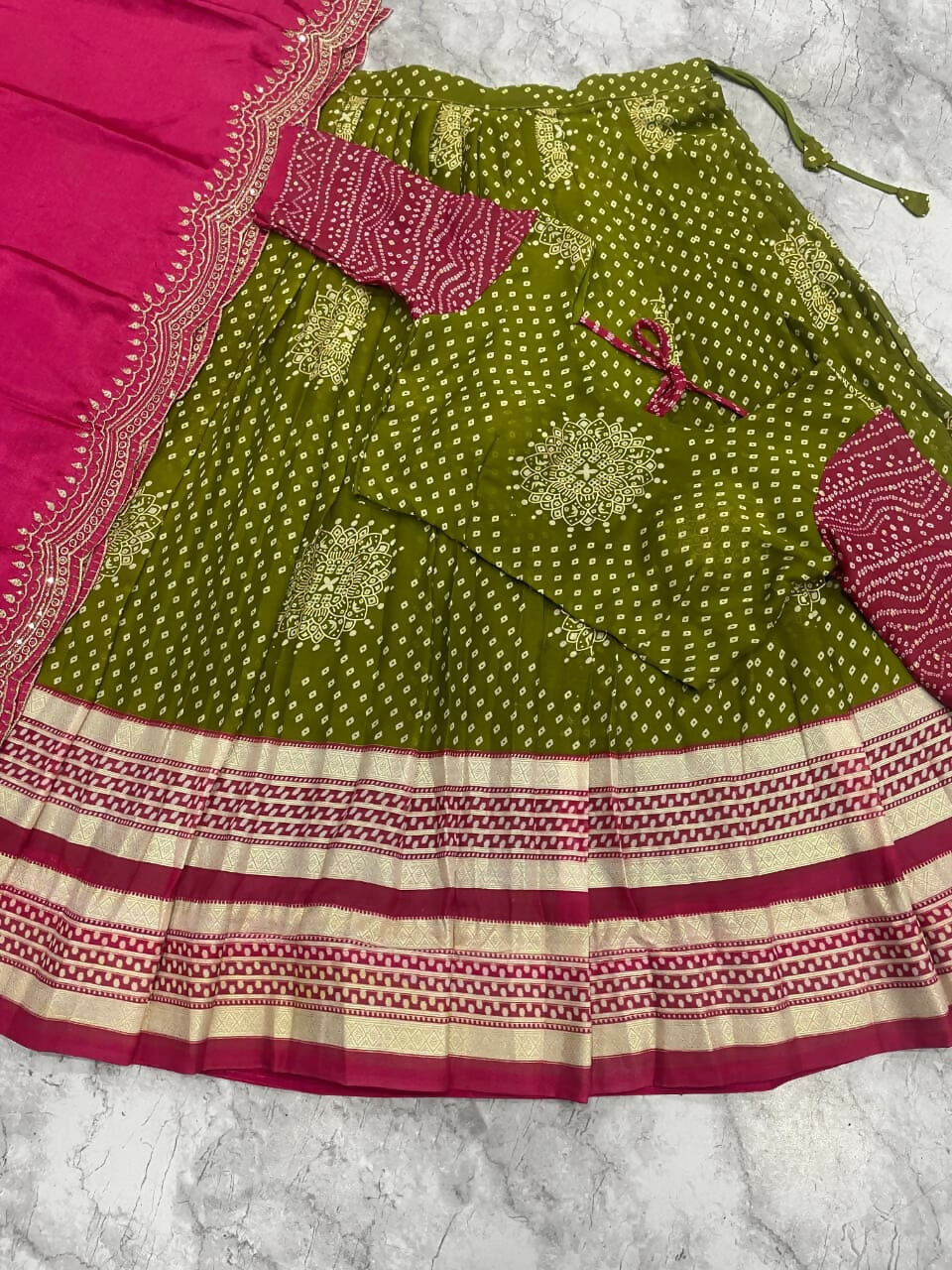 Teeya Creation Festive Olive Green Pink Designer Lehenga Choli Scalloped Border Dupatta