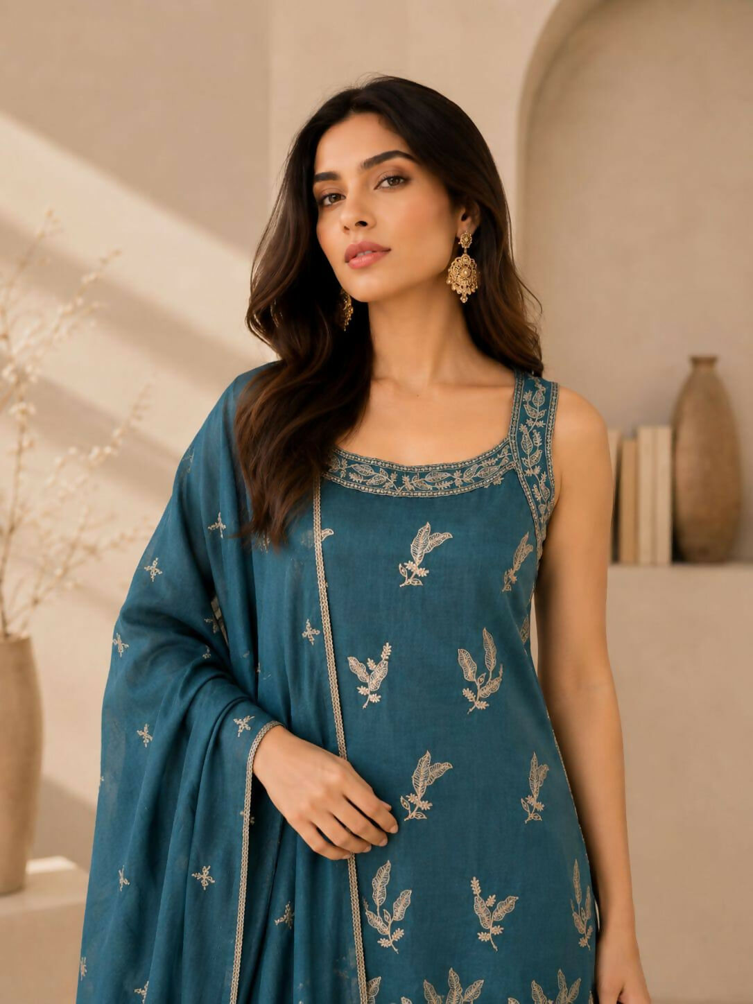 Teeya Creation Teal Blue Embroidered Georgette Straight Kurta With Palazzo And Dupatta Set