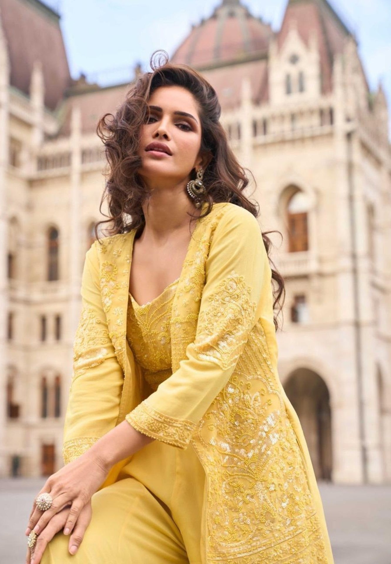 Anaita Yellow Georgette Stitched Suit With Embroidery & Beats Work