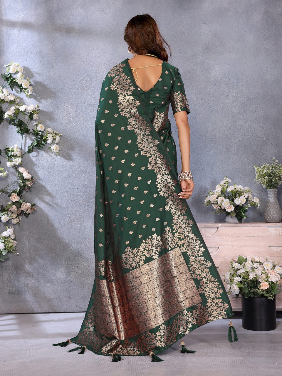 Anaita Dark Green Premium Banarasi Tissue Silk Saree With Gala Weaving Work