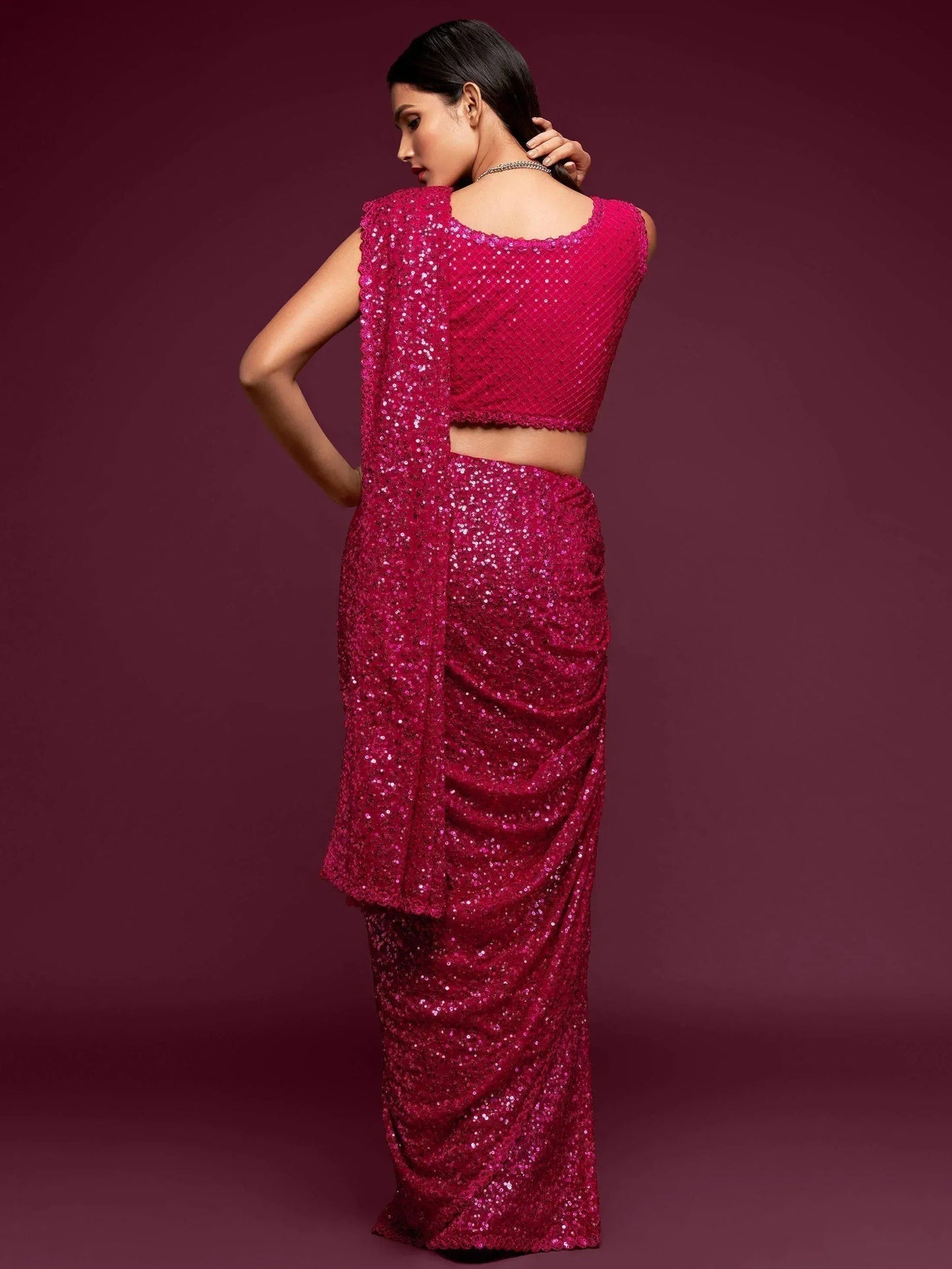 Tulsi Art Hot Pink Fully Sequined Georgette Party Wear Saree