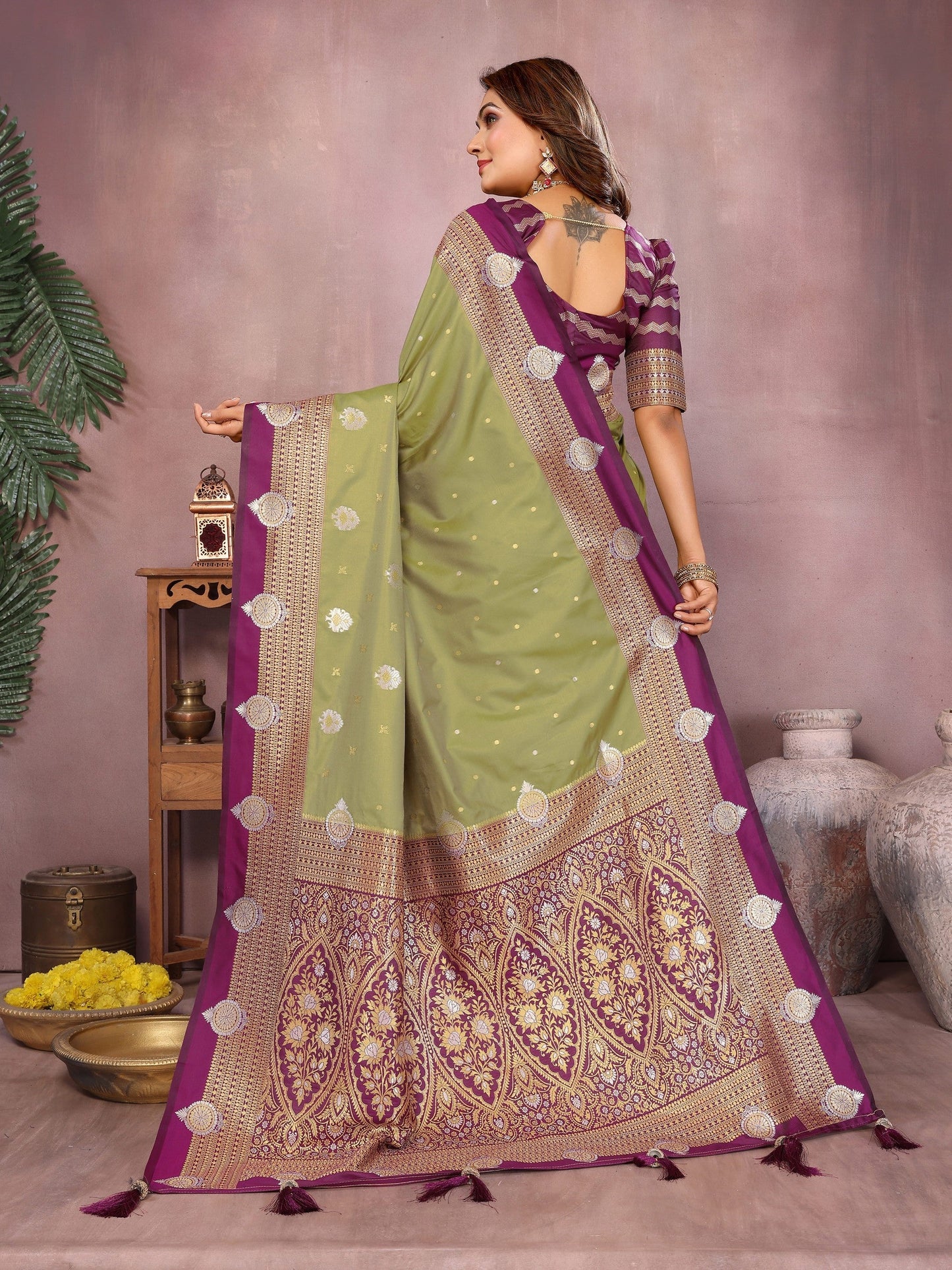 Anaita Olive Handloom Kalamkari Silk Saree With Zari Woven Work