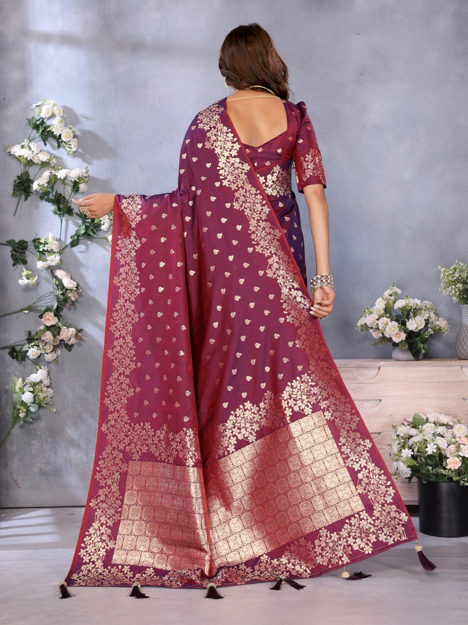 Anaita Maroon Premium Banarasi Tissue Silk Saree With Gala Weaving Work