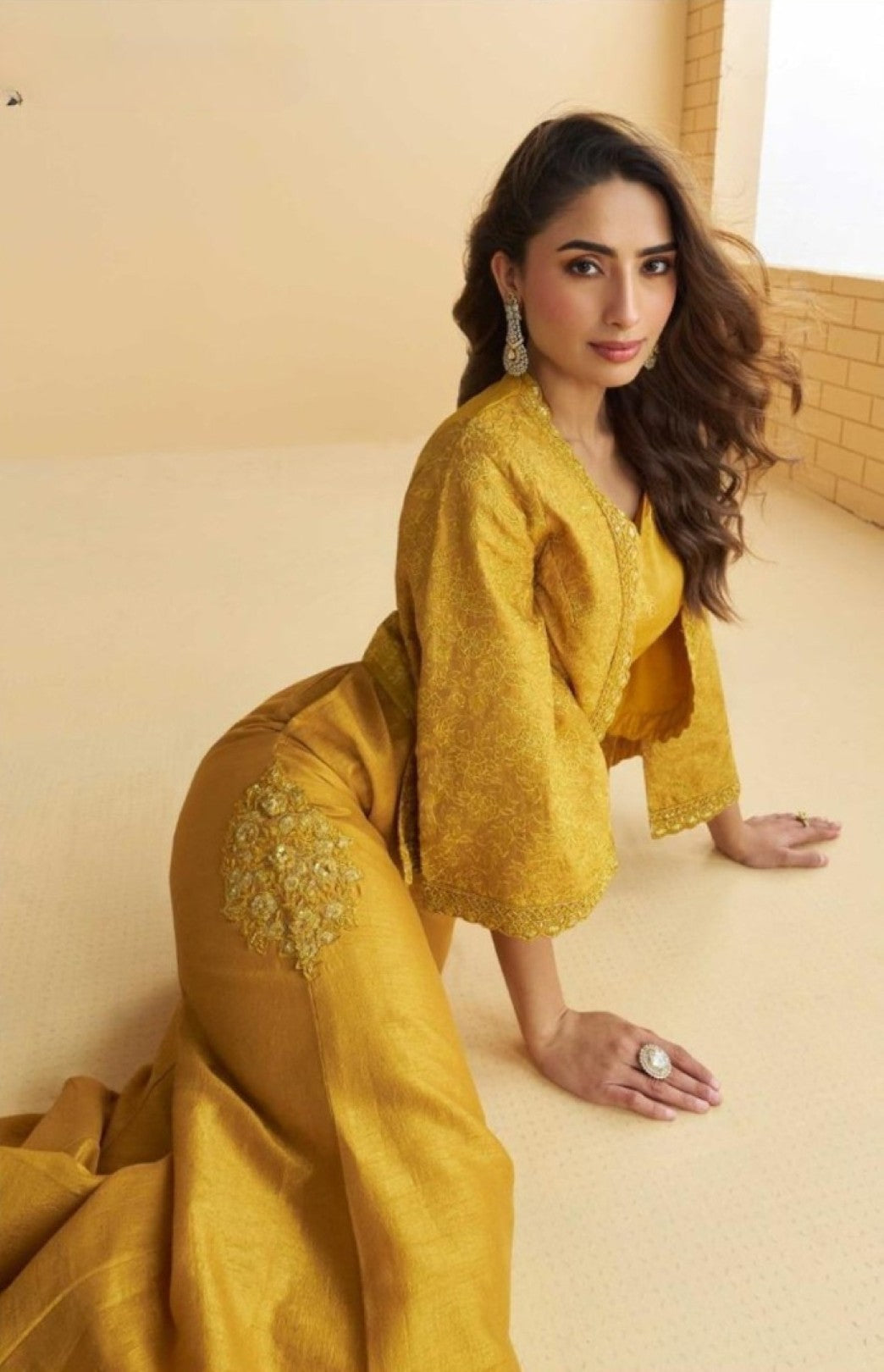 Anaita Mustard Silk Stitched Suit With Embroidery Work