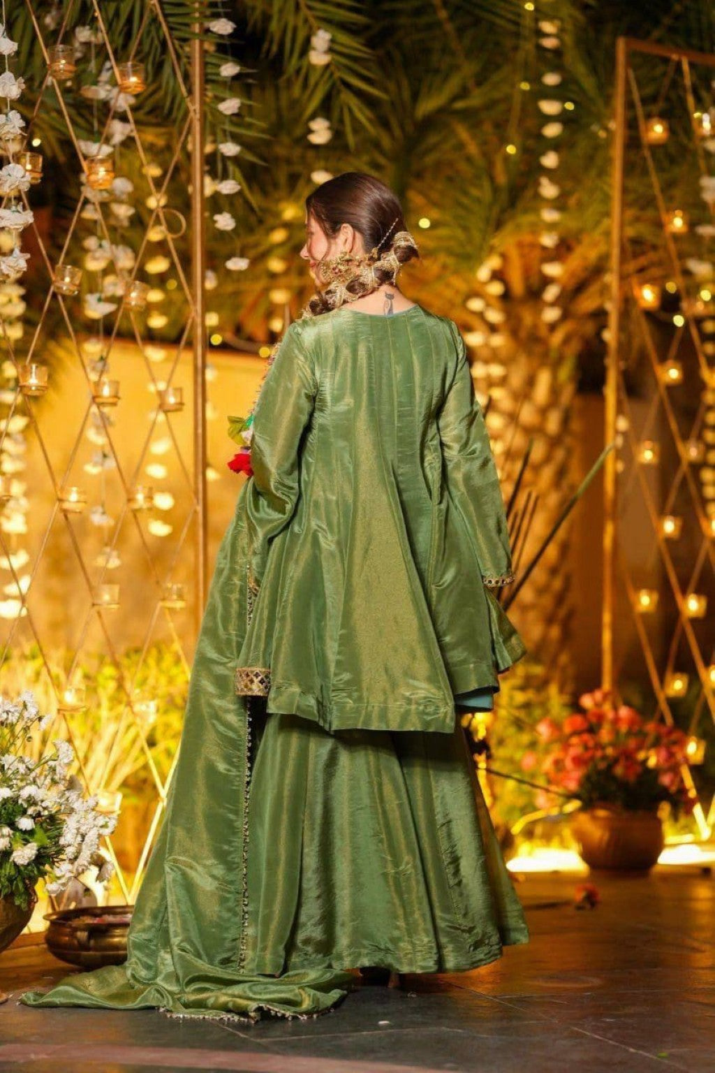 Anaita Green Silk Readymade Suit with Real Mirror Work