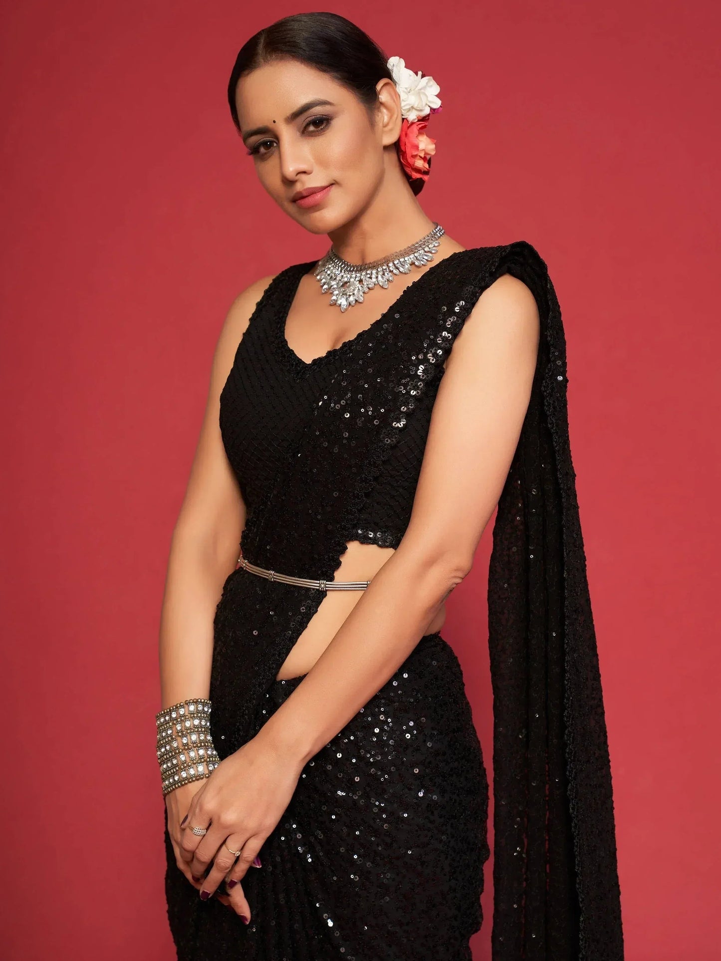 Tulsi Art Black Fully Sequined Georgette Party Wear Saree