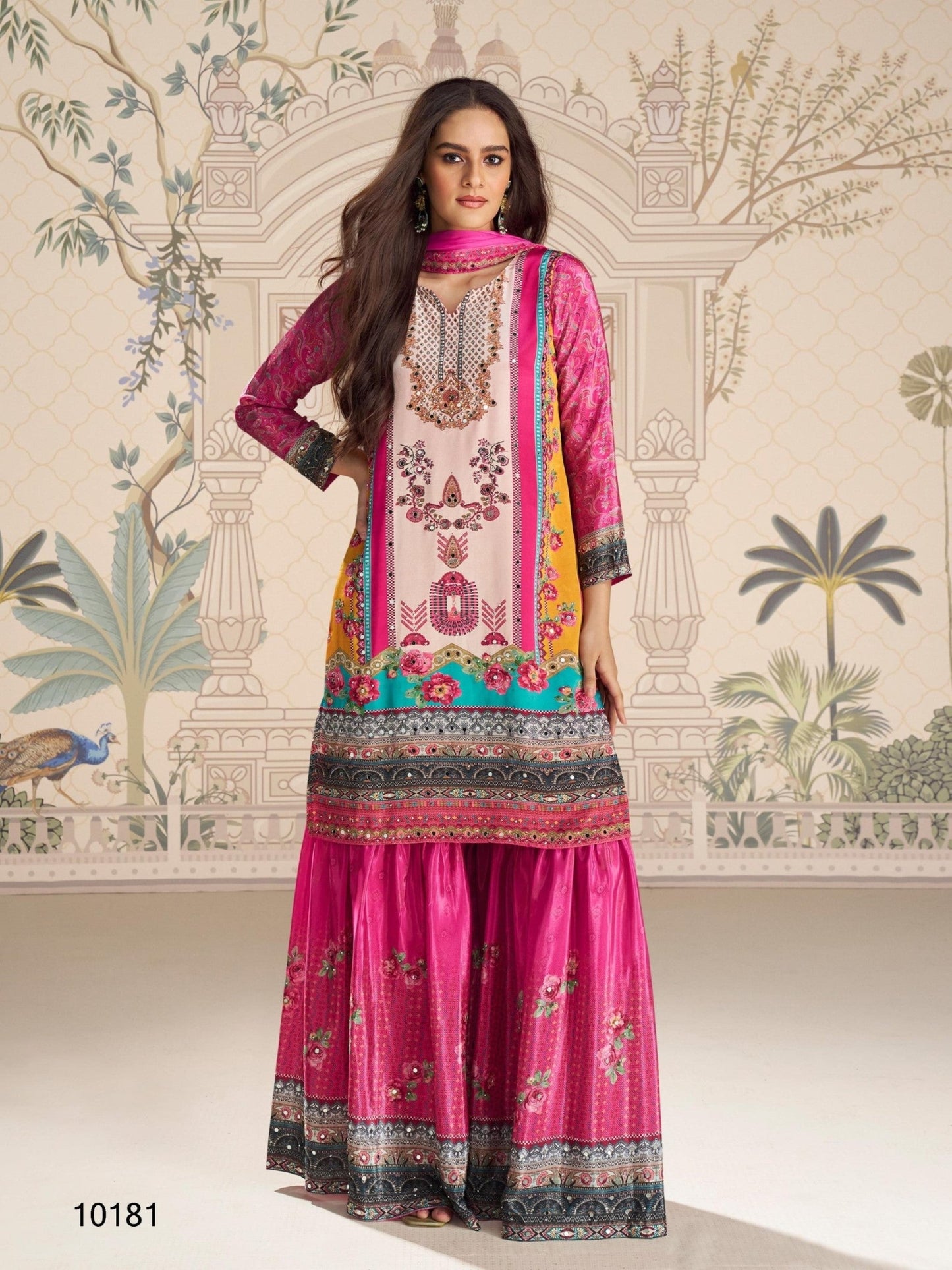 Anaita Pink Crepe Stitched Sharara Suit With Hand Mirror Work