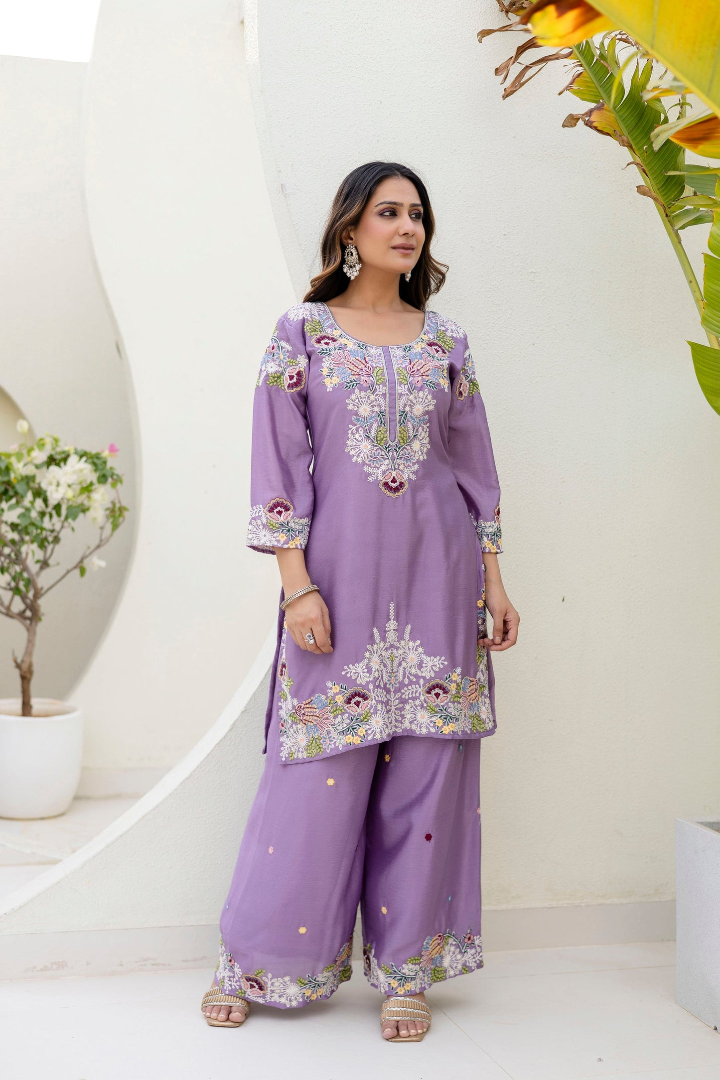 Lorenvalley Fashion Lavender Chinon Embroidery Work With Zardozi Hand Work Kurta Palazzo With Dupatta