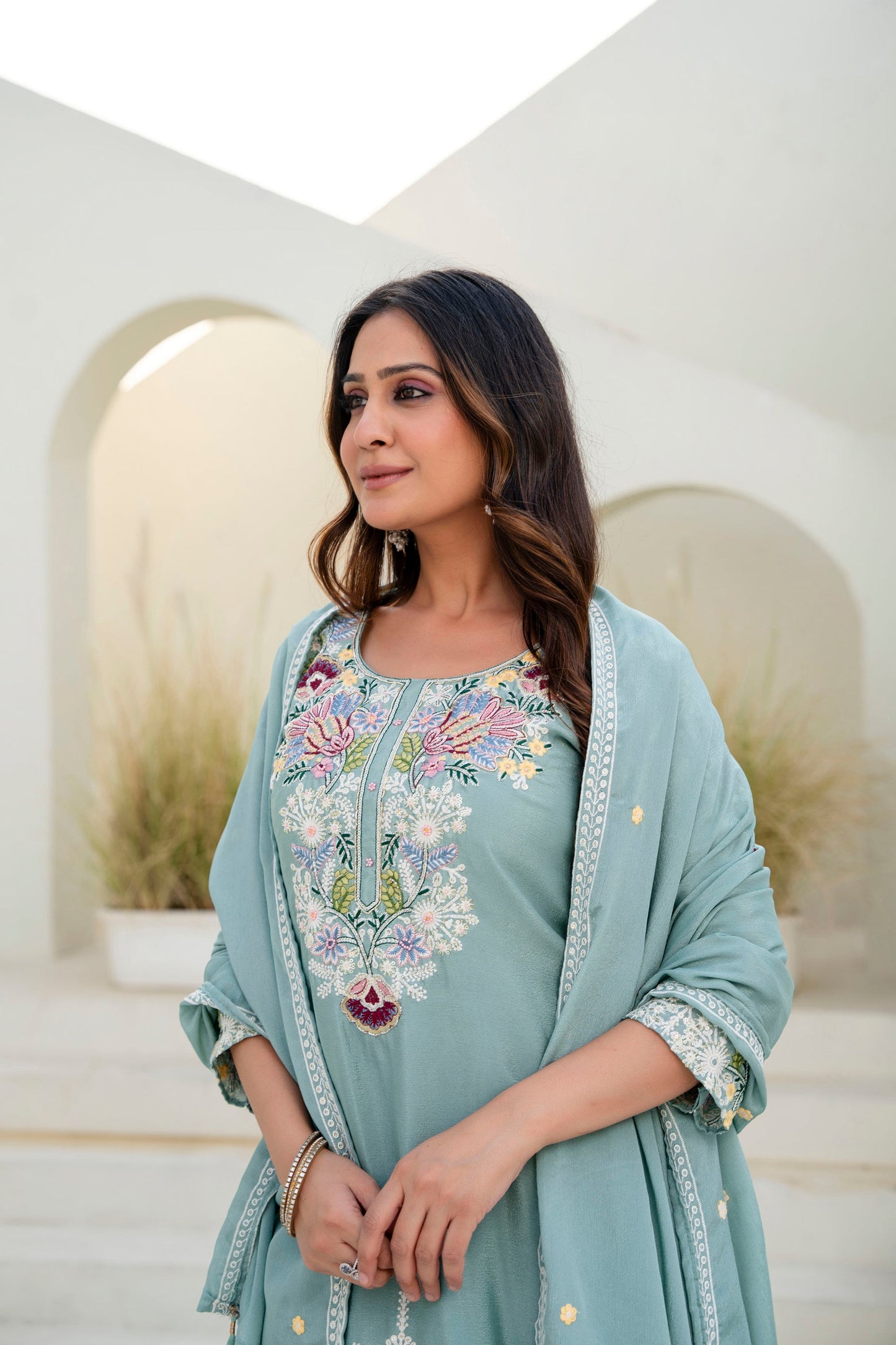 Lorenvalley Fashion Seagreen Chinon Embroidery Work With Zardozi Hand Work Kurta Palazzo With Dupatta