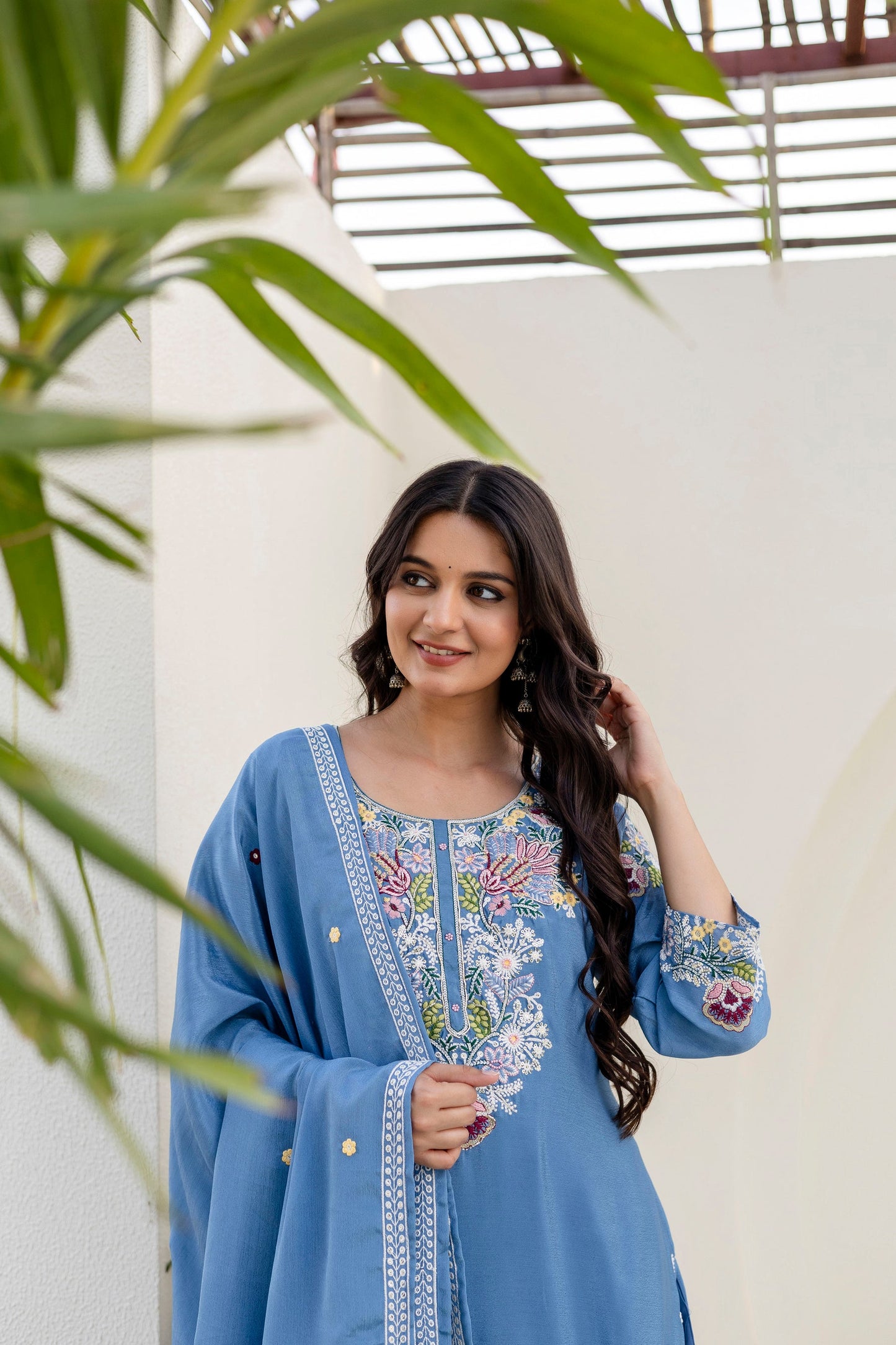 Lorenvalley Fashion Skyblue Chinon Embroidery Work With Zardozi Hand Work Kurta Palazzo With Dupatta