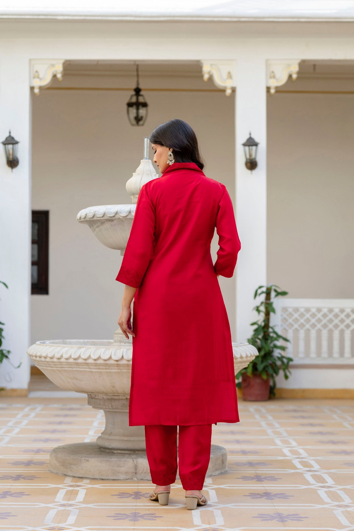Lorenvalley Fashion Red Roman Silk Chikan Kari Work Kurta Pant With Dupatta
