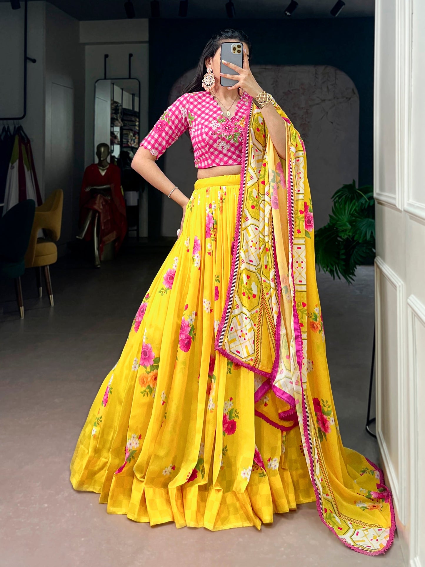 Lorenvalley Fashion Yellow Floral Georgette With Elegant Printed Lehenga Choli With Dupatta