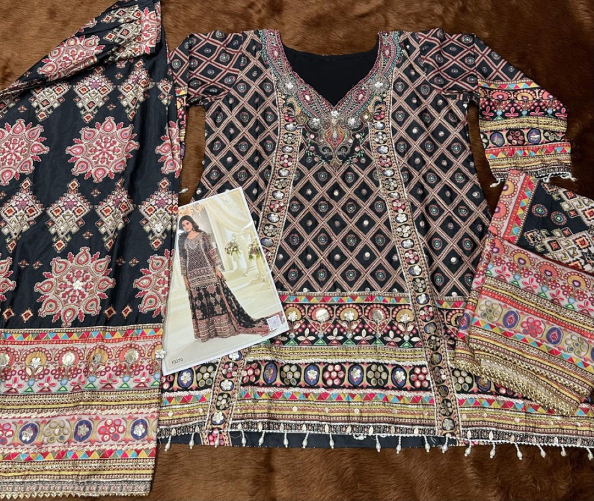 Anaita Black Crepe Silk Stitched Suit with Aari & Digital Print Work