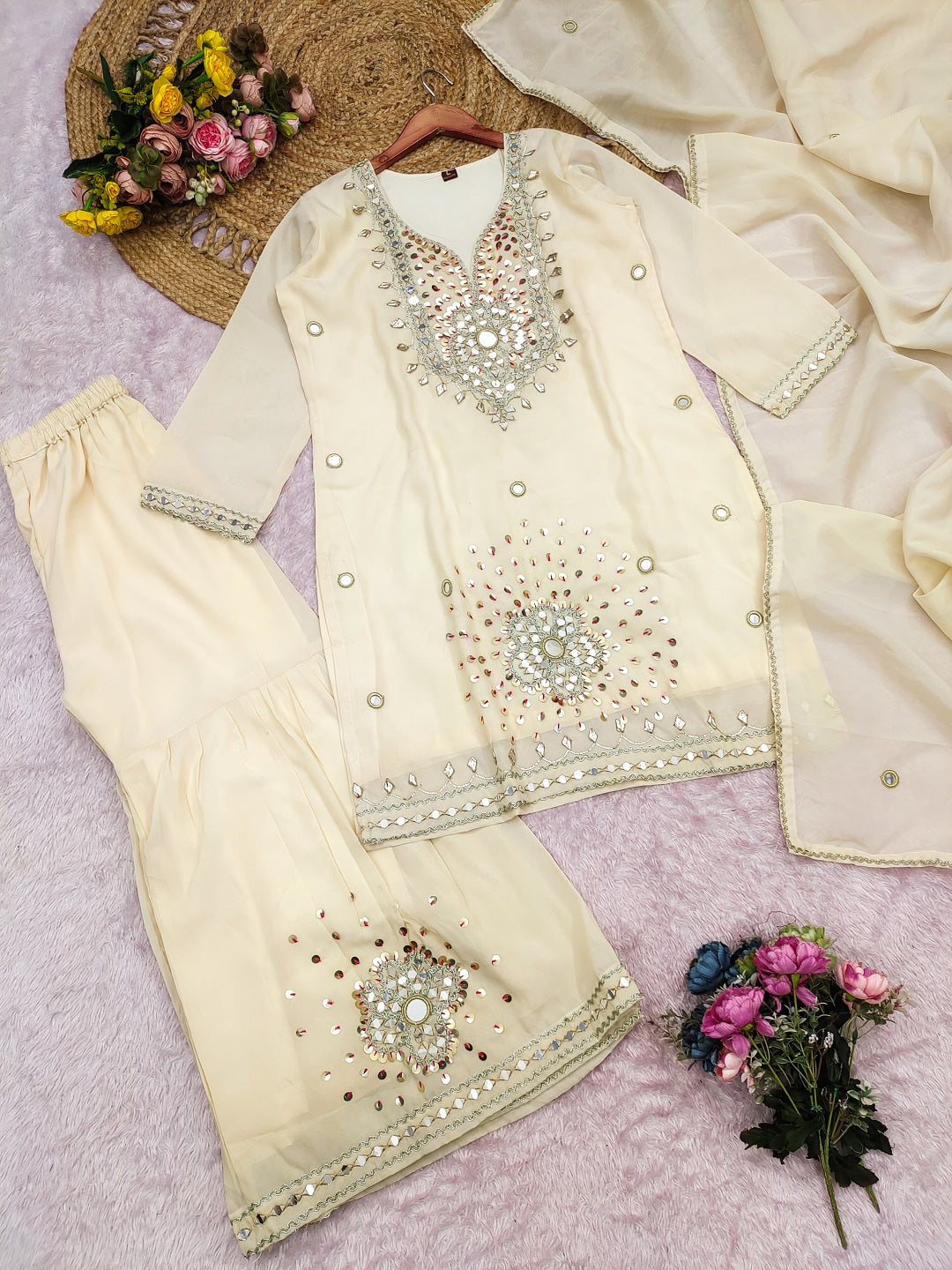 Evanik Cream Silk Blend with Real Mirror with Sequence Hand Work Kurta Sharara Dupatta Set