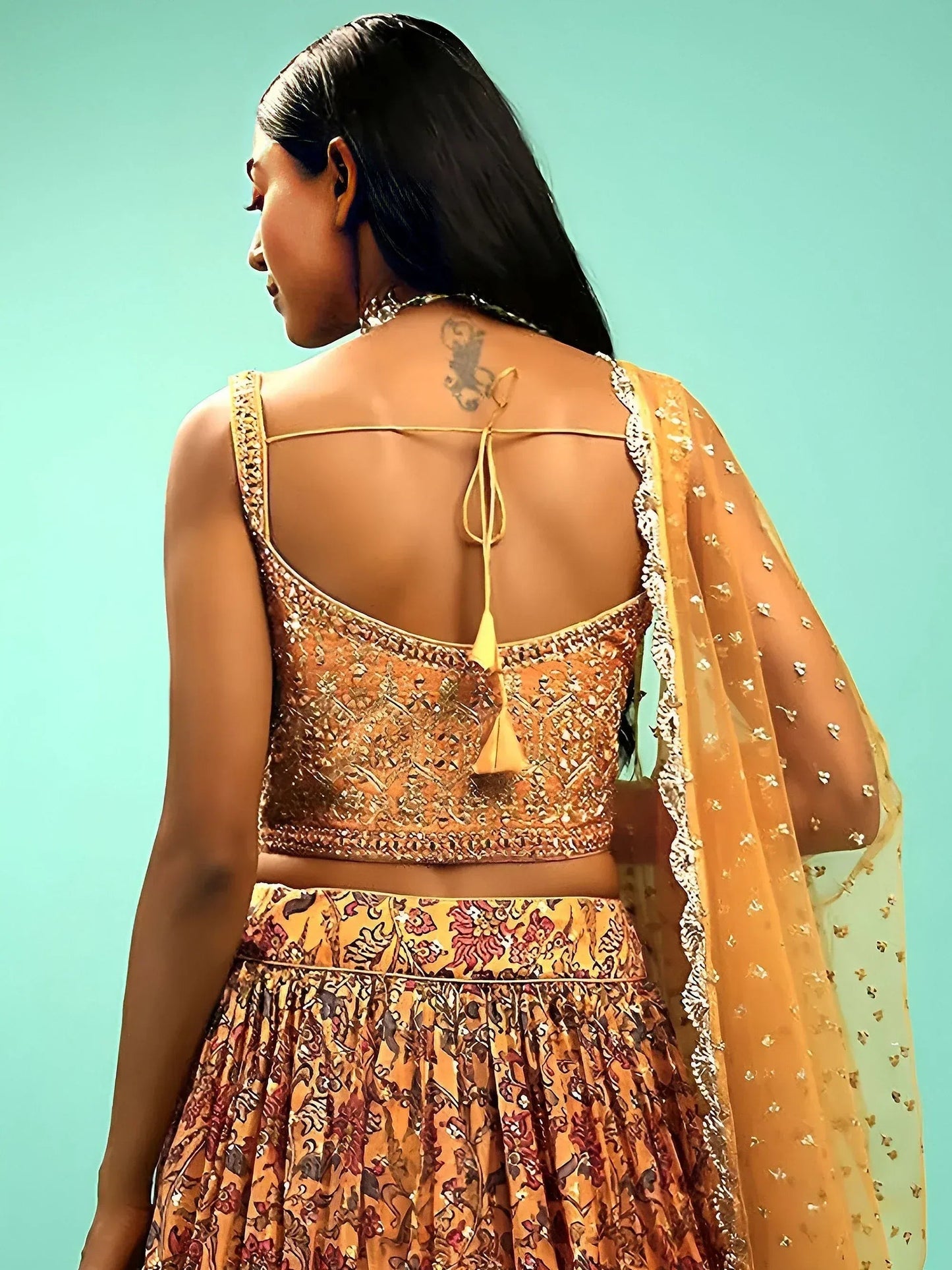 Tulsi Art Awesome Yellow Chinon Digital Print Designer Reception Wear Lehenga