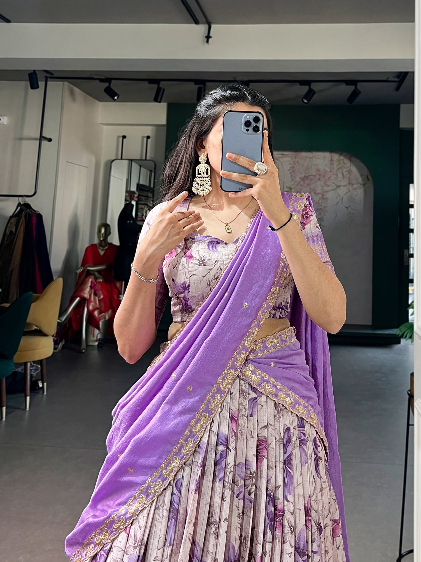 Lorenvalley Fashion Lavender Dola Chex Floral Printed With Zari Weaving Work Lehenga Choli With Dupatta
