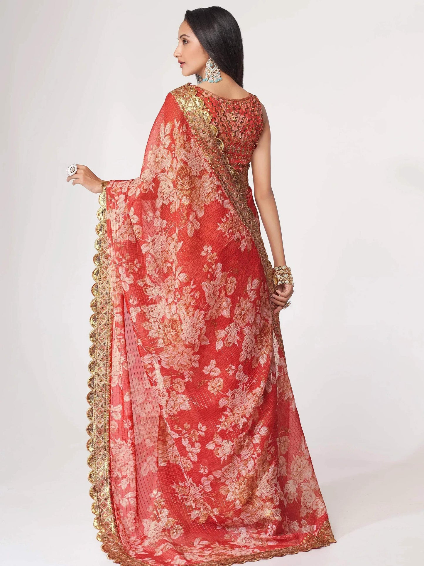 Tulsi Art Charming Red Floral Printed Organza Occasion Wear Saree