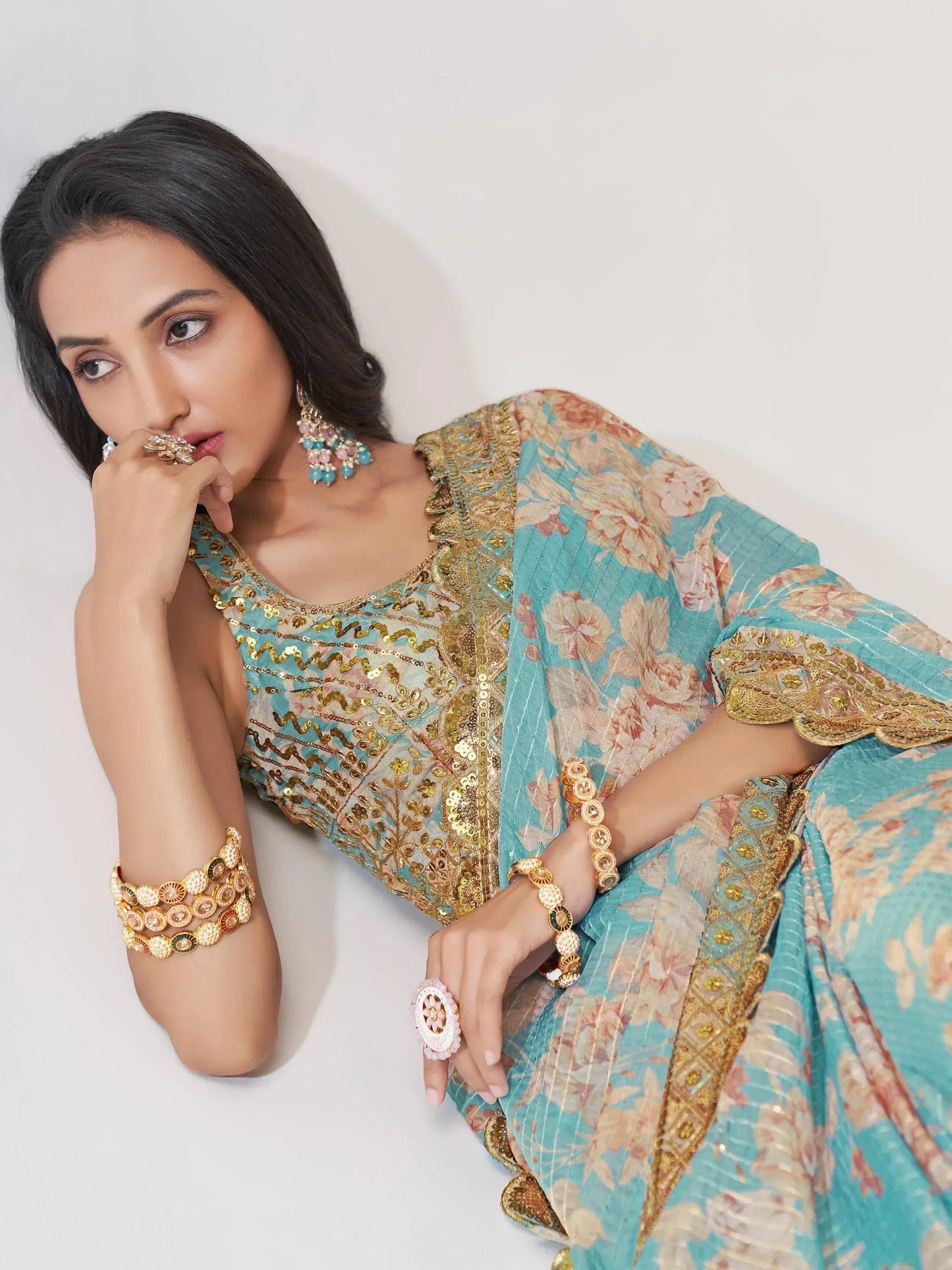 Tulsi Art Endearing Sky Blue Floral Printed Organza Carnival Wear Saree