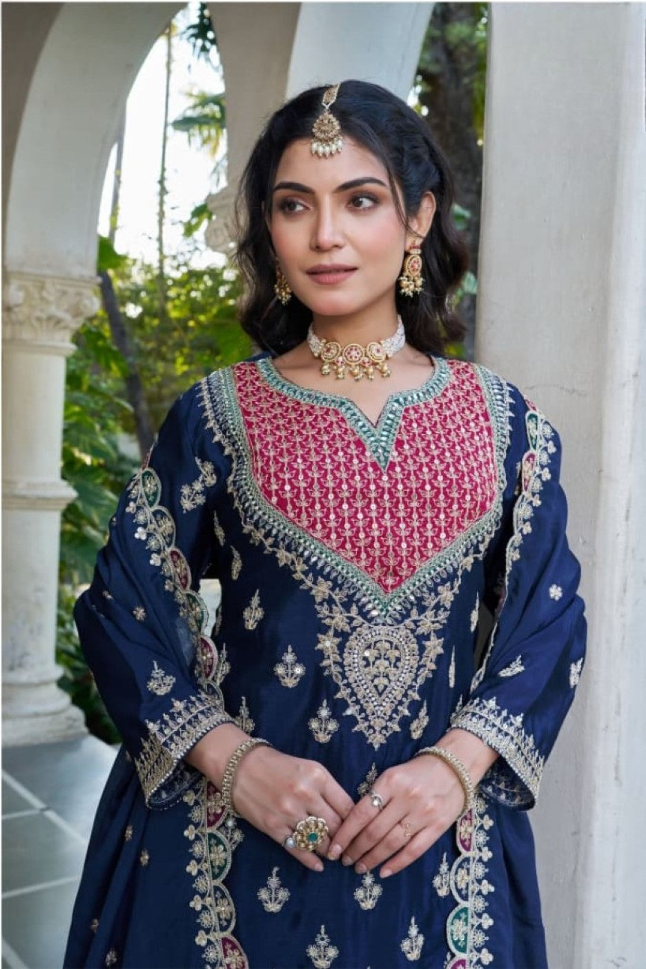 Anaita Navy Chinon Stitched Plazzo Suit With Dhaga & Sequence Work