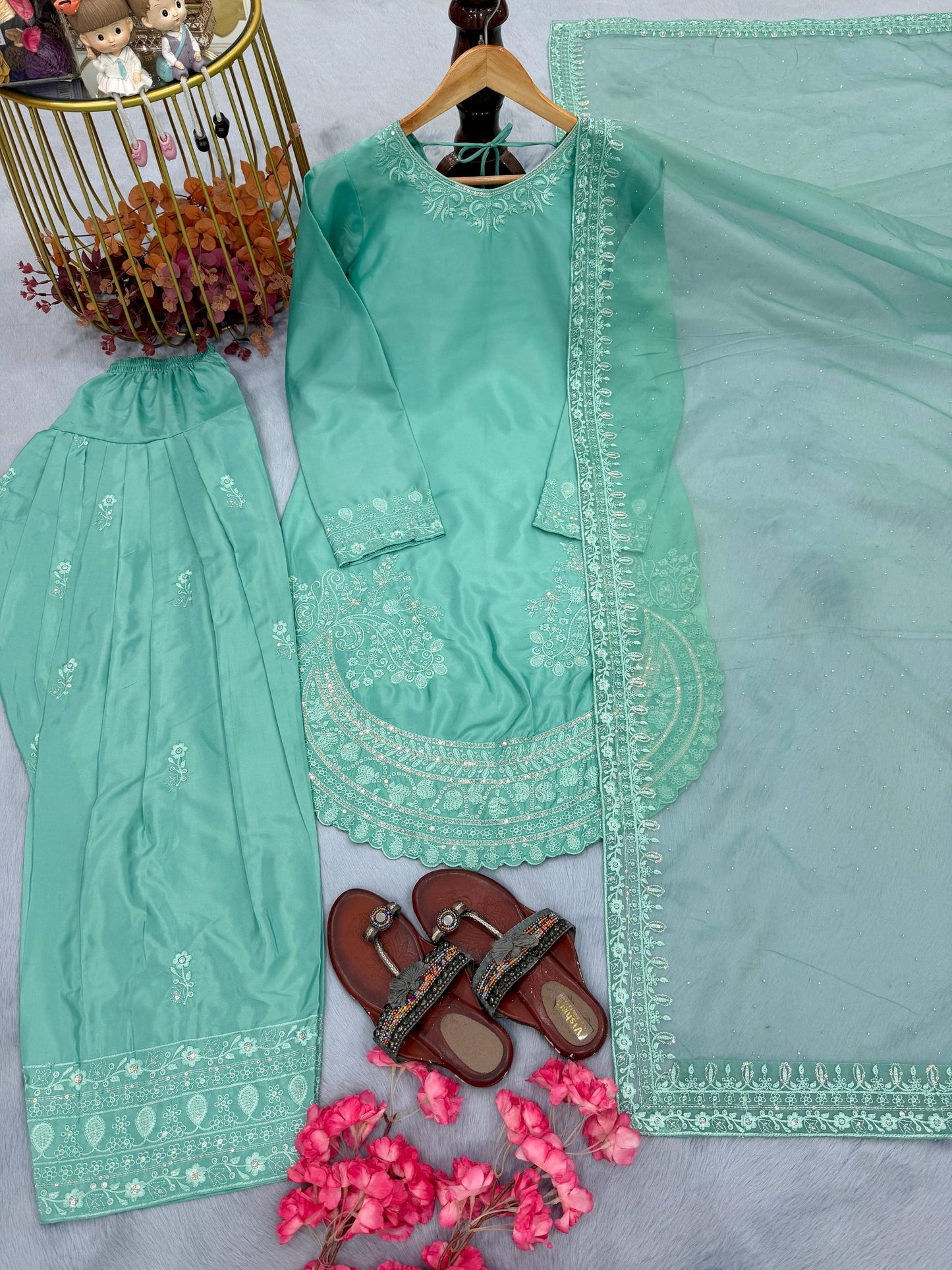 Anaita Sky Blue Crepe Readymade Suit with Embroidery & Sequence Work