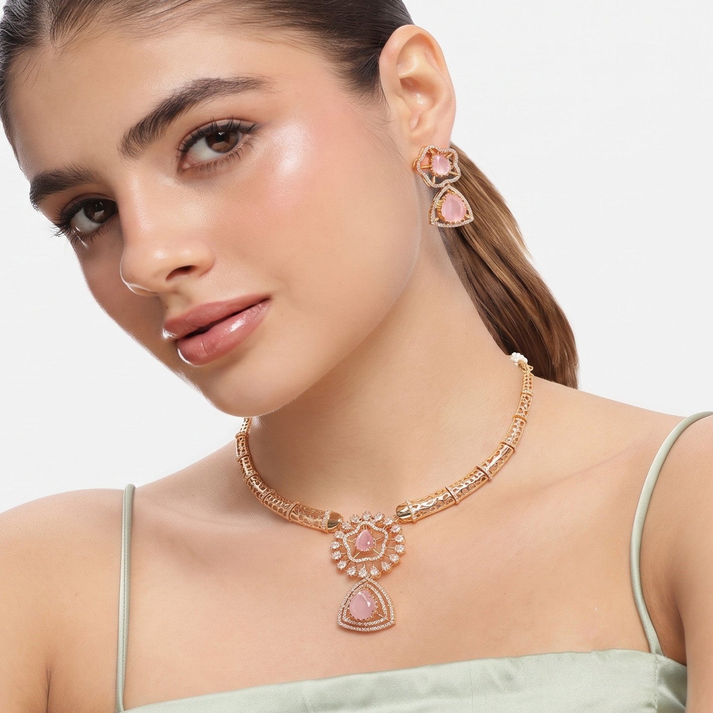 Virasat Mint Pink CZ Hasli Necklace Set