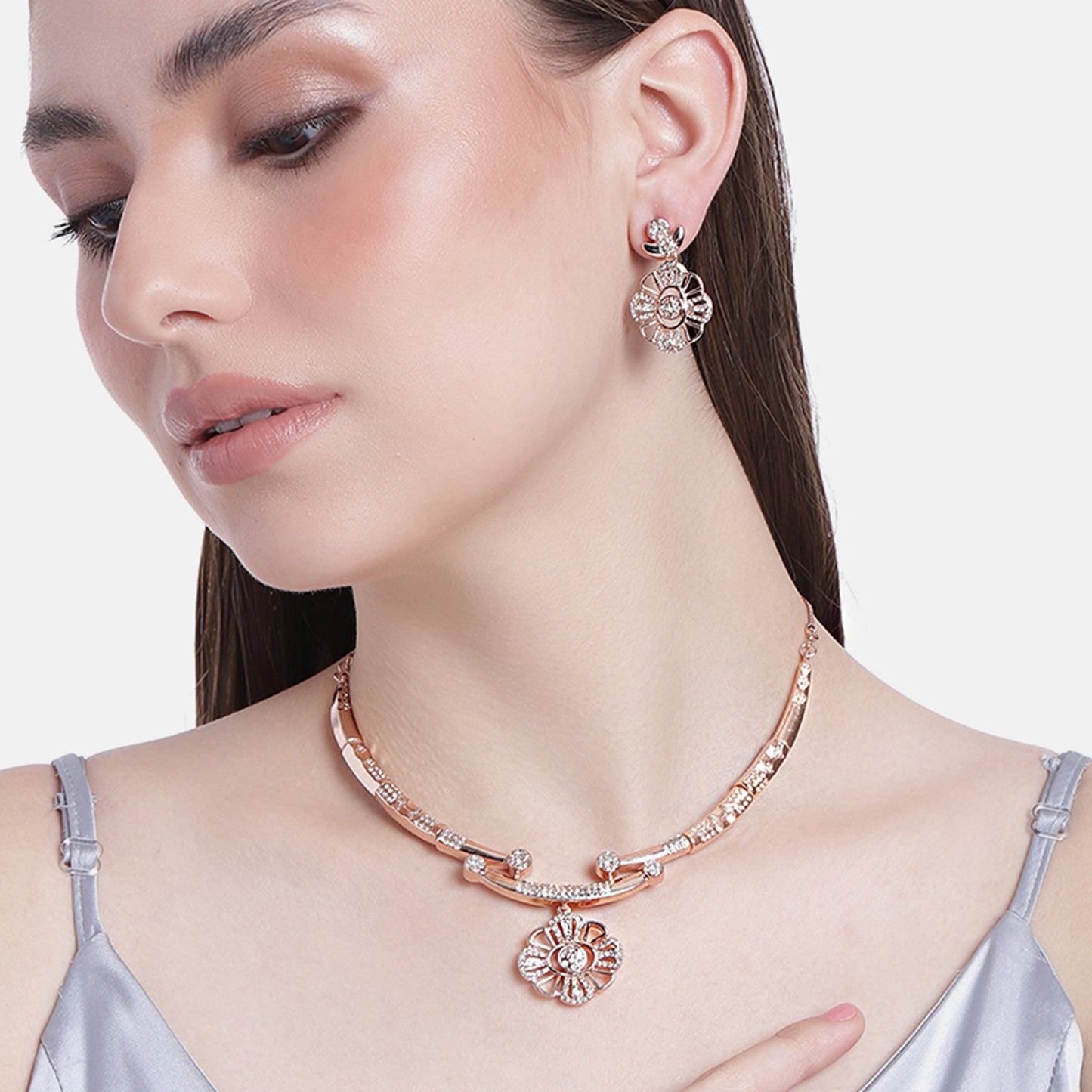 Estele Rosegold & Rhodium Plated CZ Floral Designer Necklace Set for Women