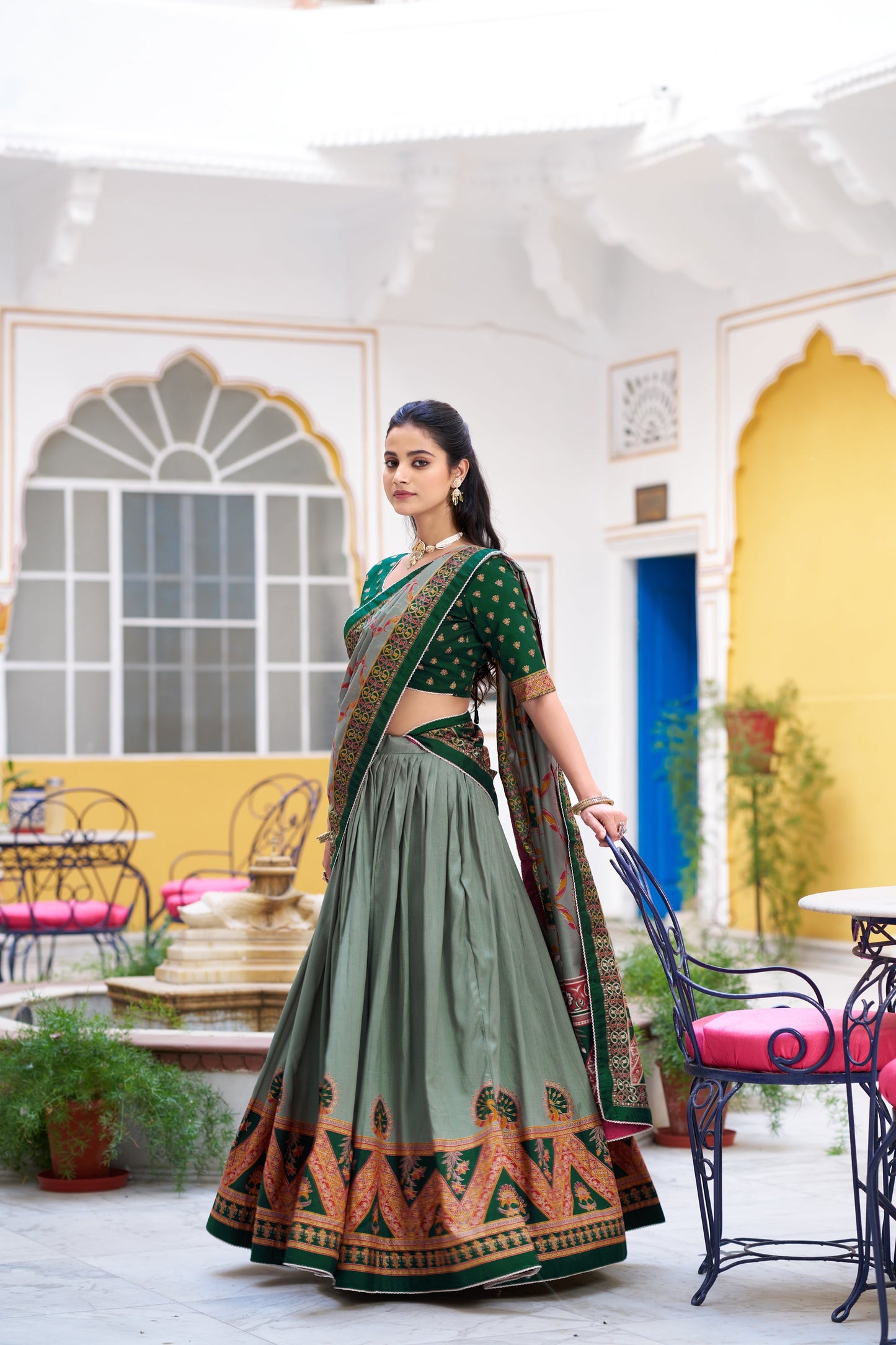 Lorenvalley Fashion Green Tasar Silk Printed And Iconic Sparkle with Lace Border Lehenga Choli with Dupatta