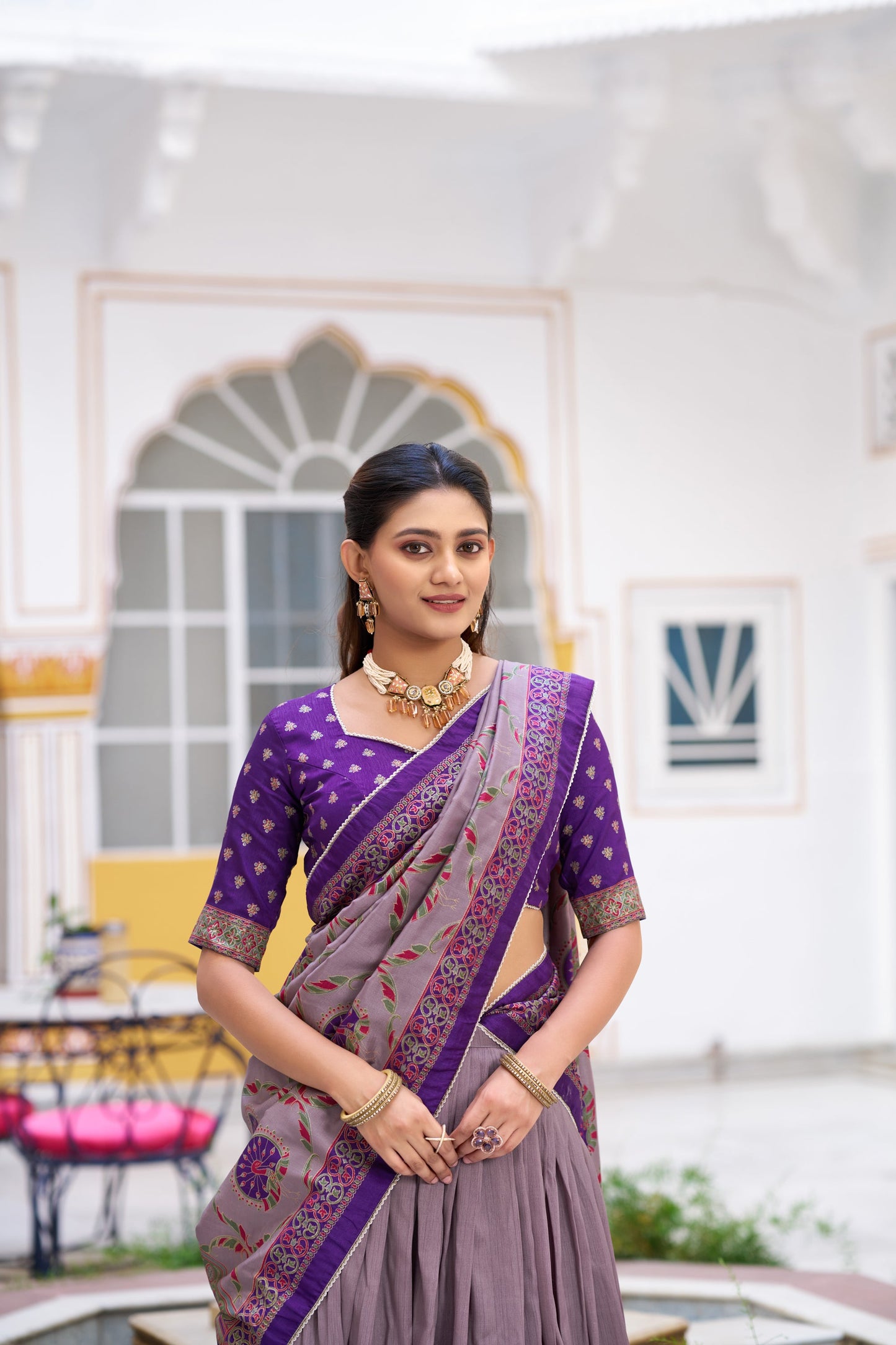 Lorenvalley Fashion Purple Tasar Silk Printed And Iconic Sparkle with Lace Border Lehenga Choli with Dupatta