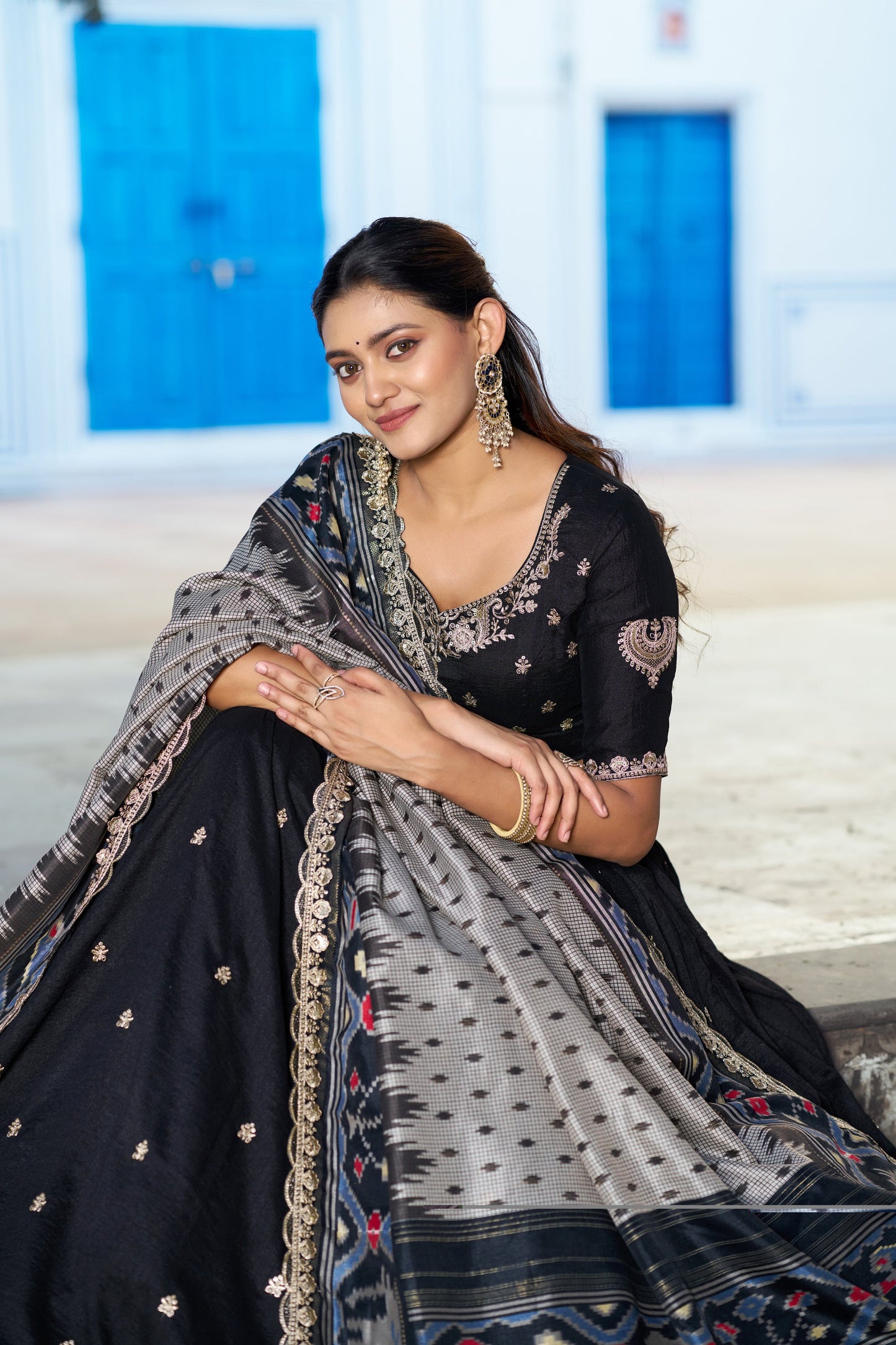 Lorenvalley Fashion Black Vichitra Silk Sequins and Thread Embroidery Work Lehenga Choli with Dupatta