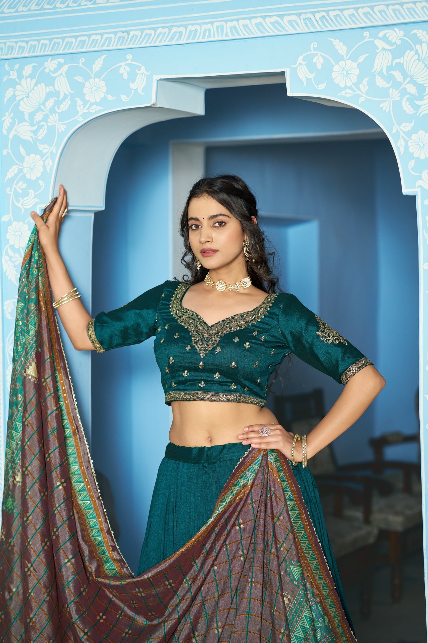 Lorenvalley Fashion Teal Vichitra Silk Sequins and Thread Embroidery Work Lehenga Choli with Dupatta
