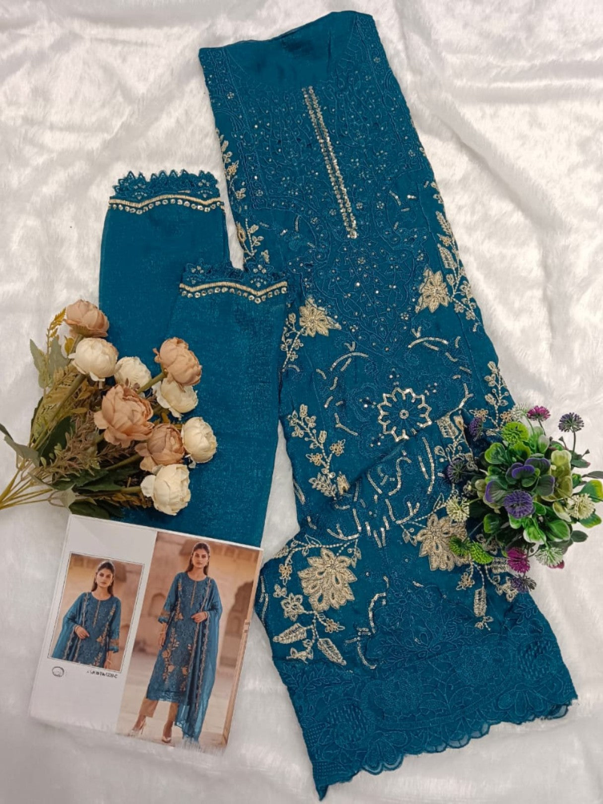 Anaita Teal Blue Silk Suit With Embroidery & Sequence Work