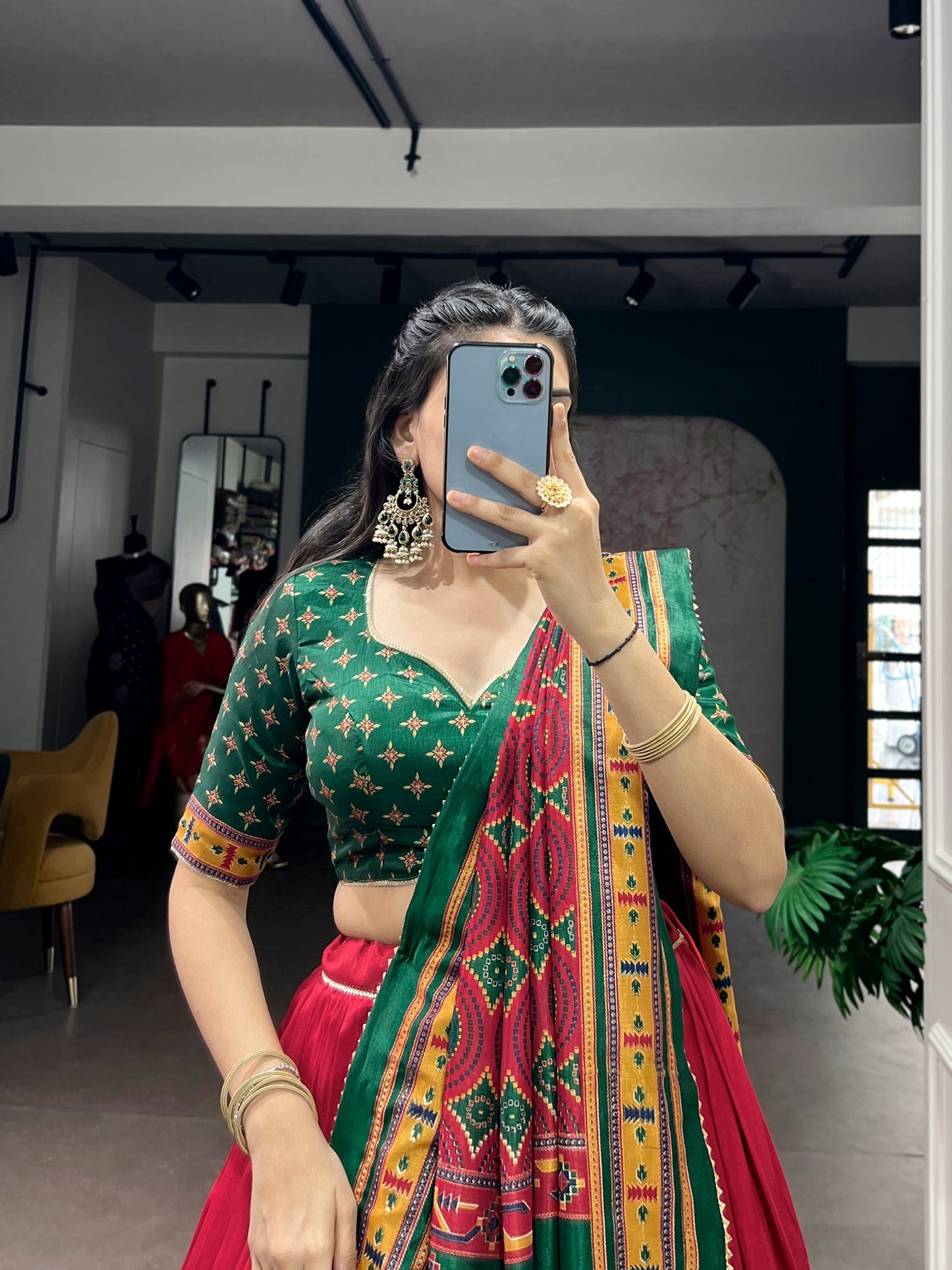 Lorenvalley Fashion Red Tasar SilkPrinted with Iconic Sparkle Lehenga Choli with Dupatta