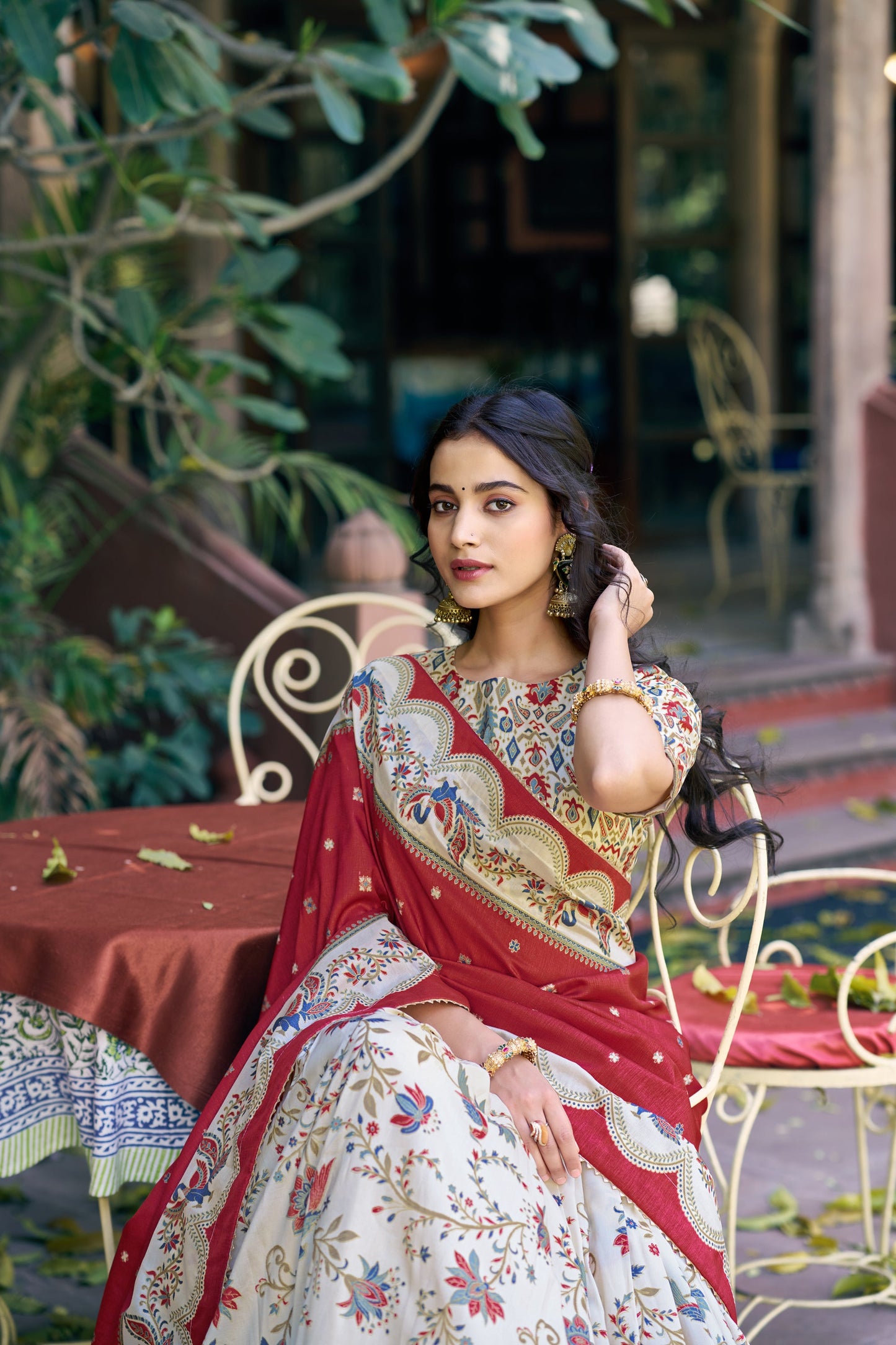Lorenvalley Fashion Offwhite Tasar Silk Gilded Motif Foil Printed Lehenga Choli with Dupatta
