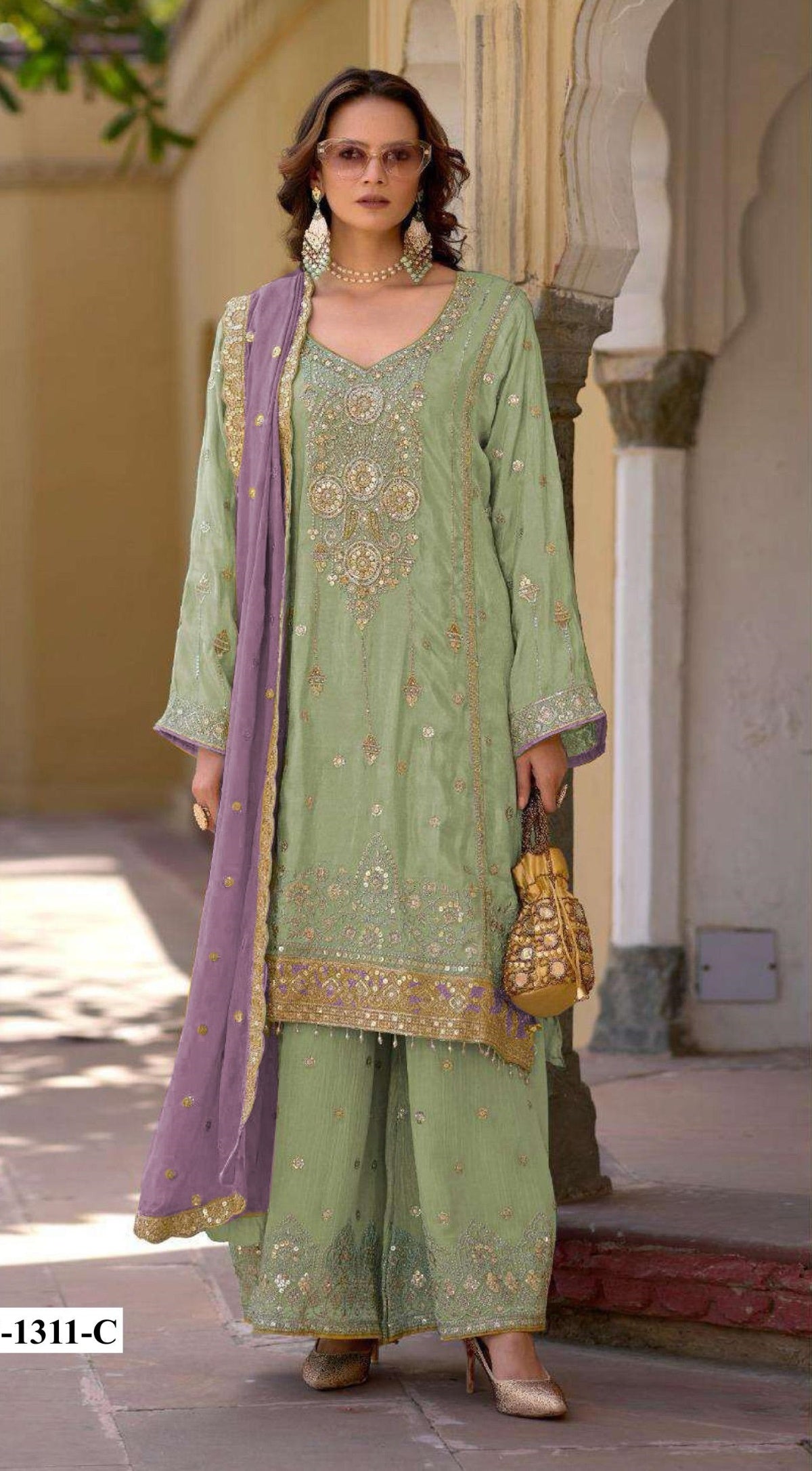 Anaita Sea Green Heavy Chinon Suit With Embroidery Bits Work
