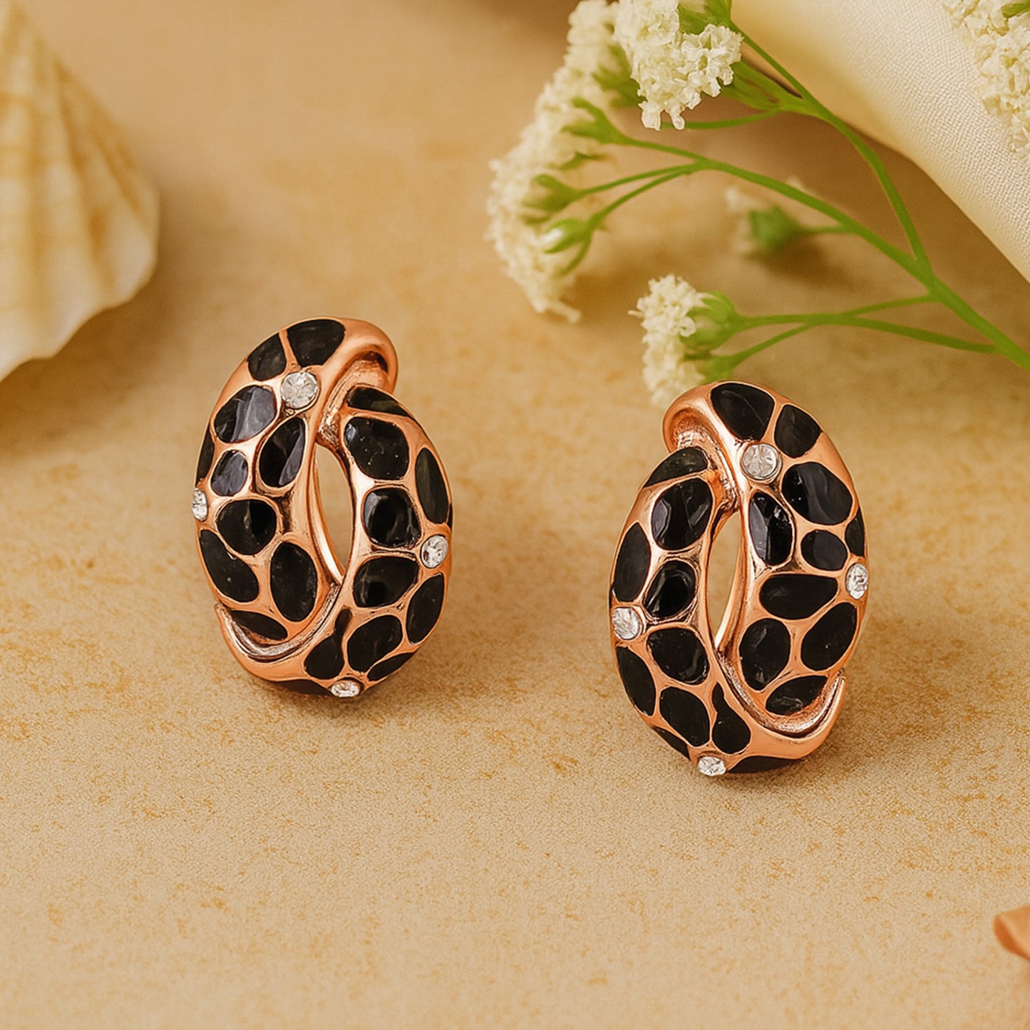 Estele Gold Plated Earrings With Black Colour Flower Print For Women