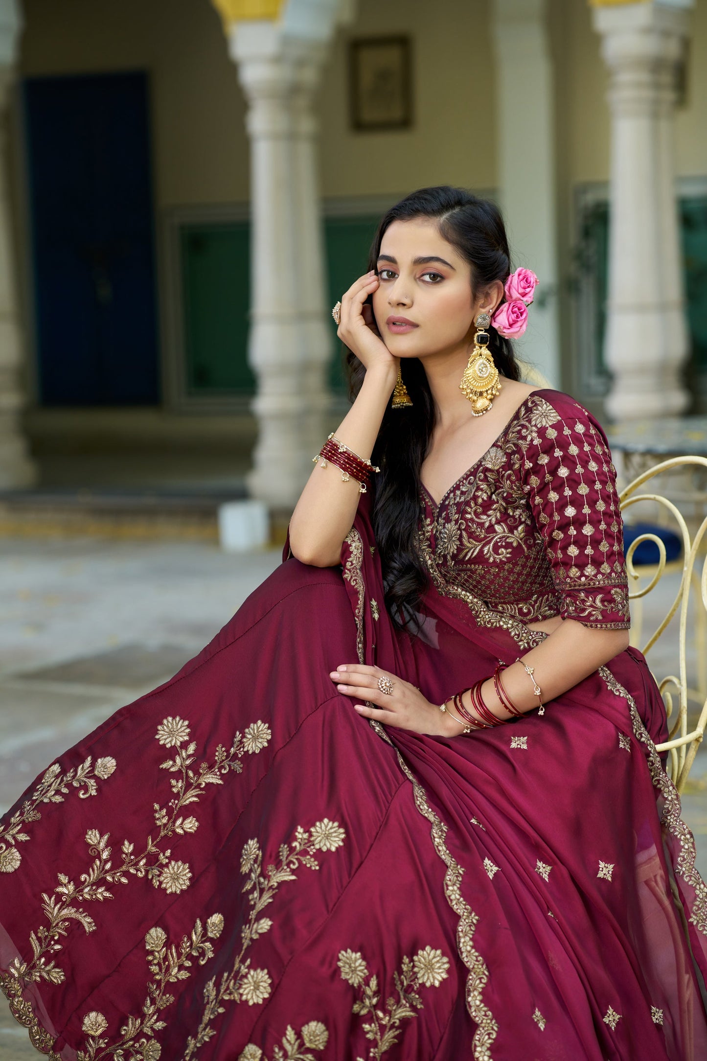 Lorenvalley Fashion Maroon Rangoli Silk Sequins and Thread Embroidery Work Lehenga Choli with Dupatta