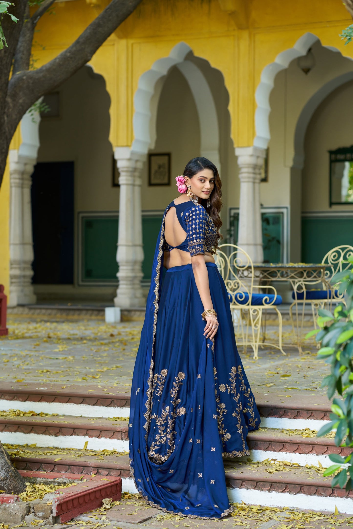 Lorenvalley Fashion Navyblue Rangoli Silk Sequins and Thread Embroidery Work Lehenga Choli with Dupatta