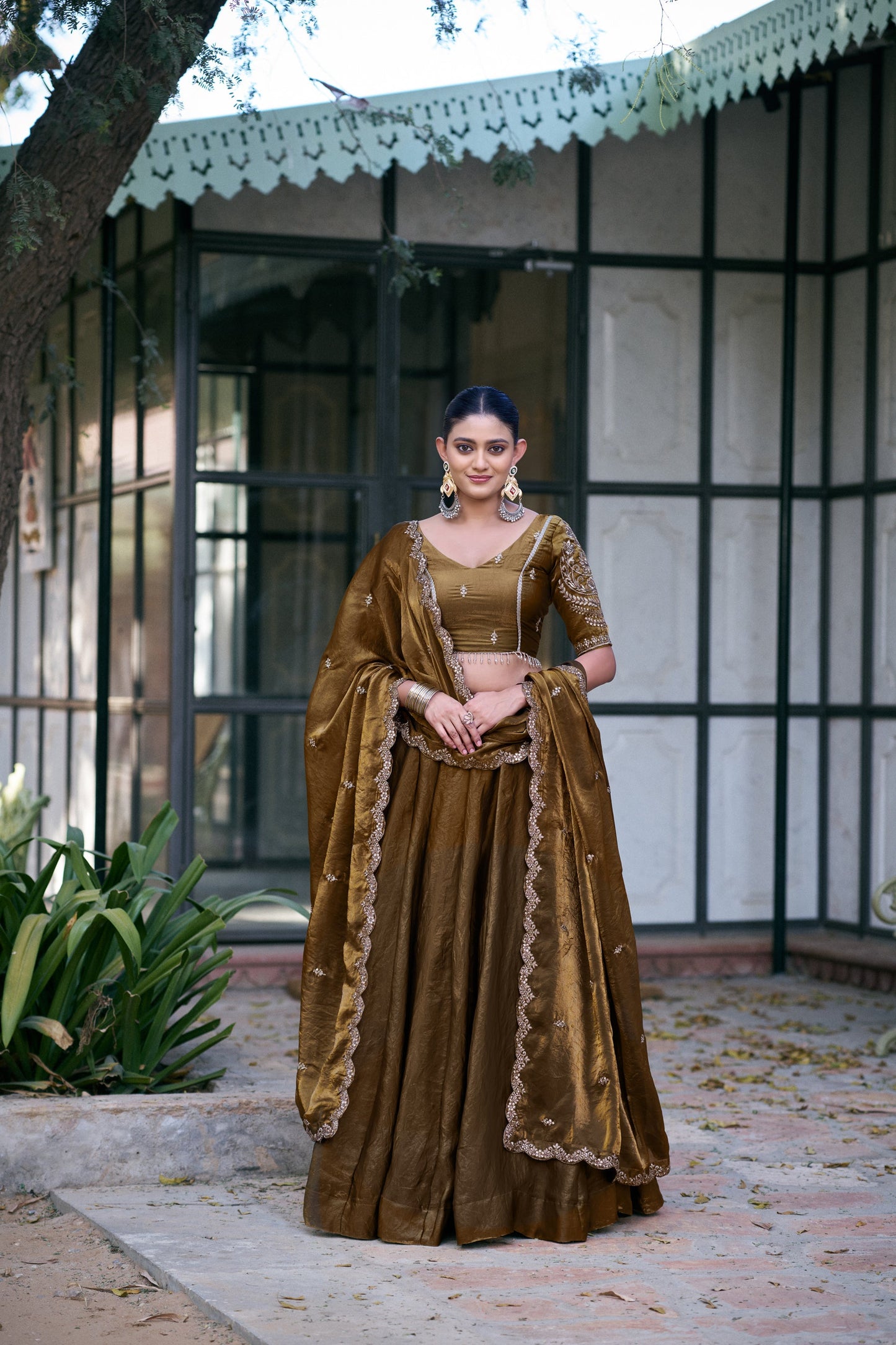 Lorenvalley Fashion Brown Fendi Silk Sequins And Thread Embroidery Work Belt Lehenga Choli With Dupatta