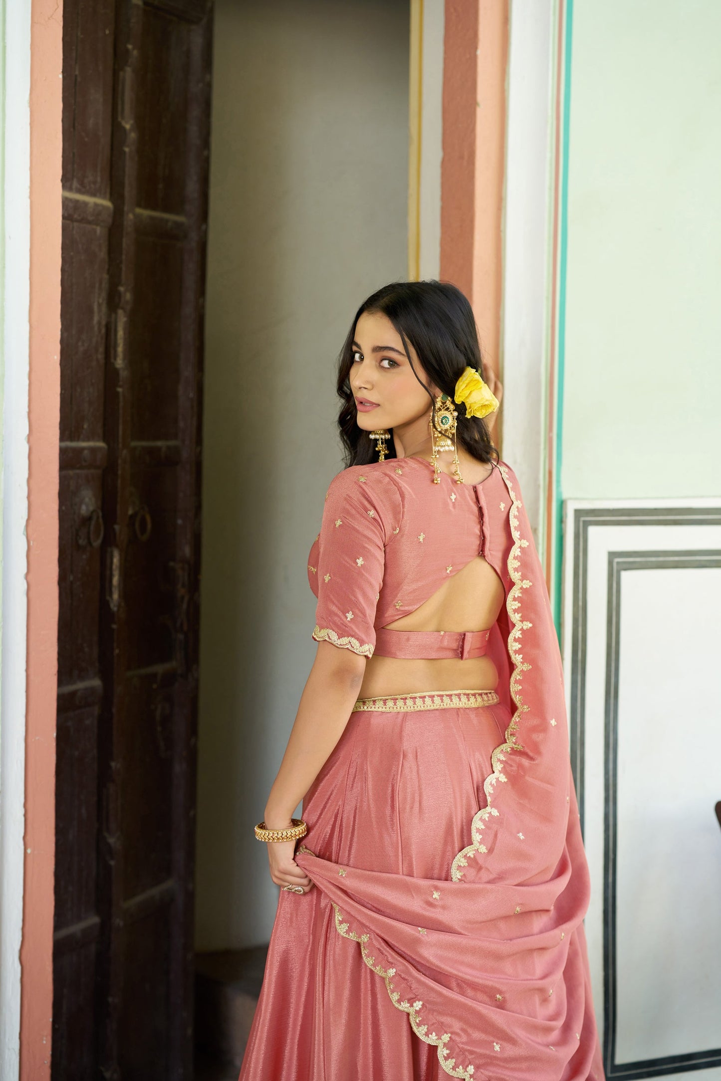 Lorenvalley Fashion Peach Chinon Plain Lehenga Sequins And Thread Embroidery Work Choli With Dupatta