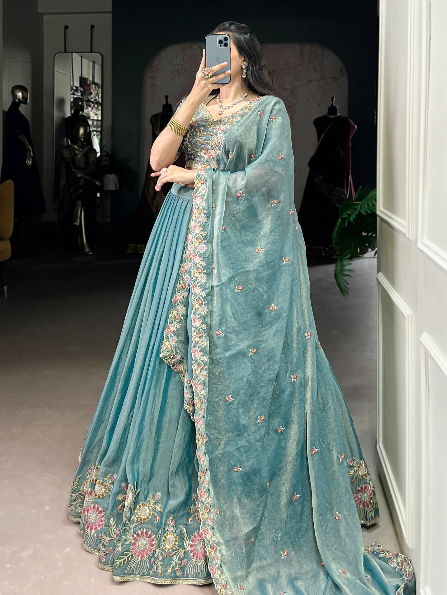Tulsi Art Beautiful Sky Blue Organza Zari Weaving Engagement Wear Lehenga Choli