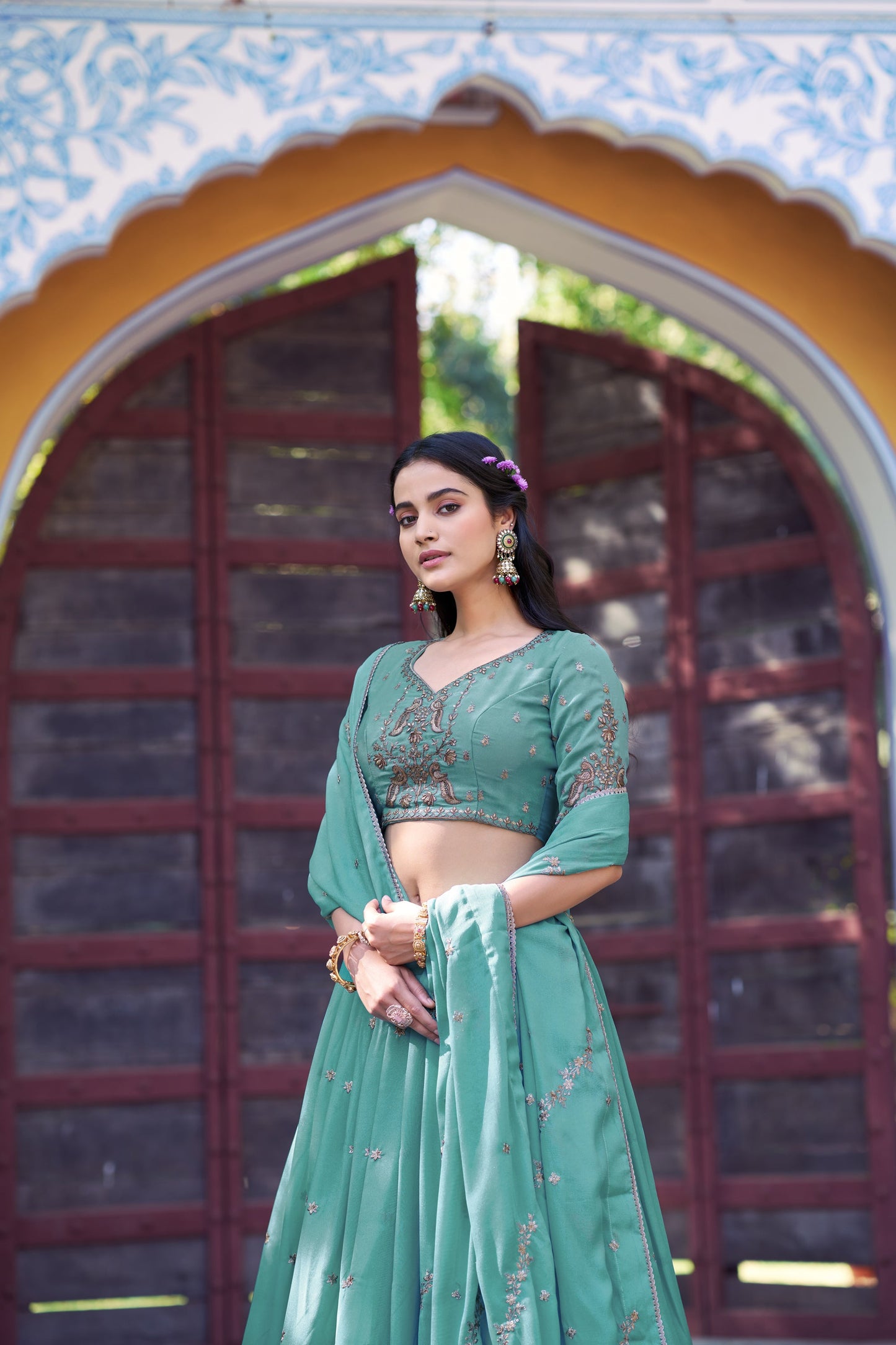 Lorenvalley Fashion Skyblue Star Georgette Zari, Sequins & Resham Embroidery With Butti And Arca Detailing Lehenga Choli with Dupatta