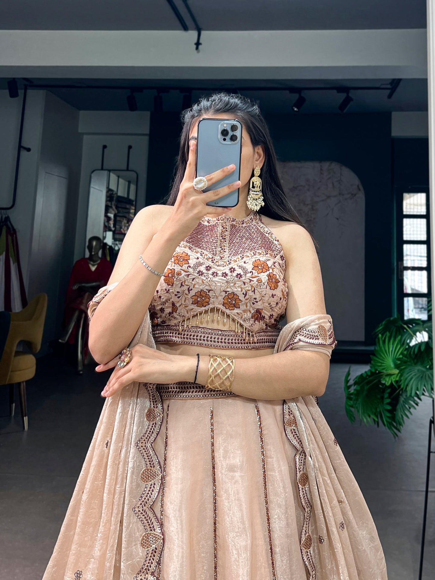 Lorenvalley Fashion Cream Spider Crush With Sequins And Thread Embroidery Work Lehenga Choli With Dupatta