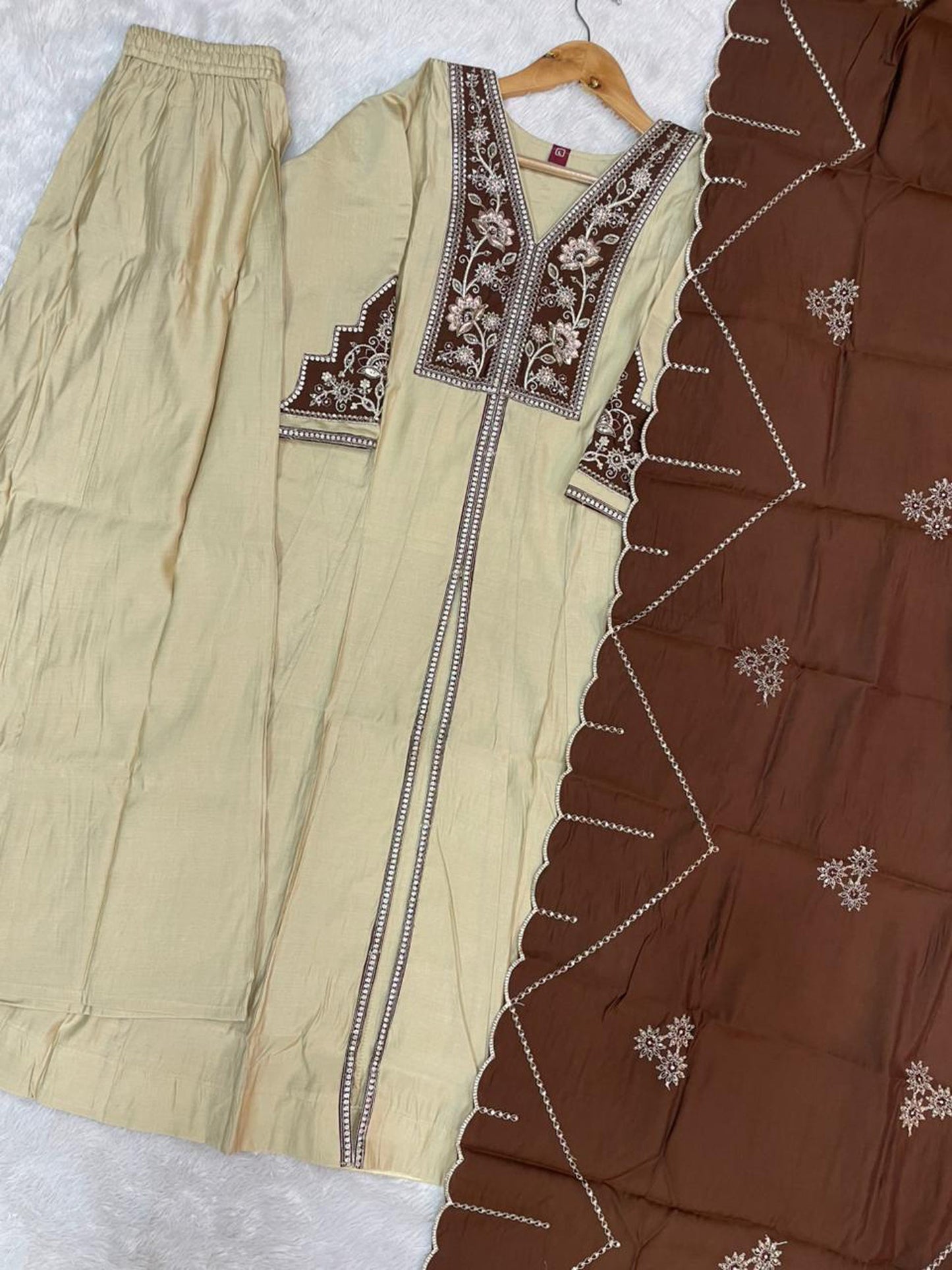 Lorenvalley Fashion Cream Roman Silk Multi Embroidery Thread With Beautiful Hand Work Kurta Palazzo Dupatta