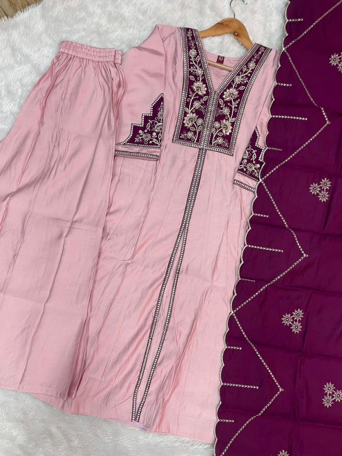 Lorenvalley Fashion Pink Roman Silk Multi Embroidery Thread With Beautiful Hand Work Kurta Palazzo Dupatta